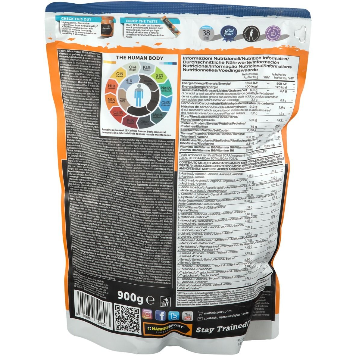 Retro della busta NAMEDSPORT® 100% Whey Protein Shake. Contiene informazioni nutrizionali, ingredienti. 900g.