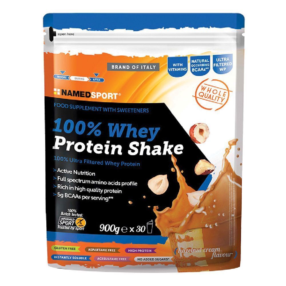 Busta di NAMEDSPORT® 100% Whey Protein Shake. Scritta: 100% Whey Protein Shake, Hazelnut Cream flavour. Con vitamine, BCAA e WPC ultra-filtrato.