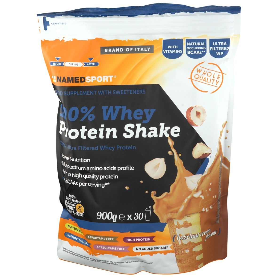 Busta di NAMEDSPORT® 100% Whey Protein Shake. Scritta: 100% Whey Protein Shake, Hazelnut Cream flavour. Con vitamine, BCAA e WPC ultra-filtrato.