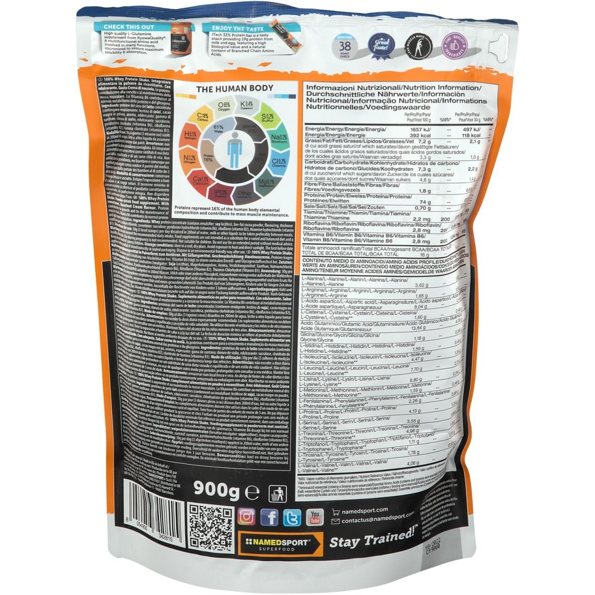 Retro della busta di NAMEDSPORT® 100% Whey Protein Shake. Contiene informazioni nutrizionali e un grafico del corpo umano.