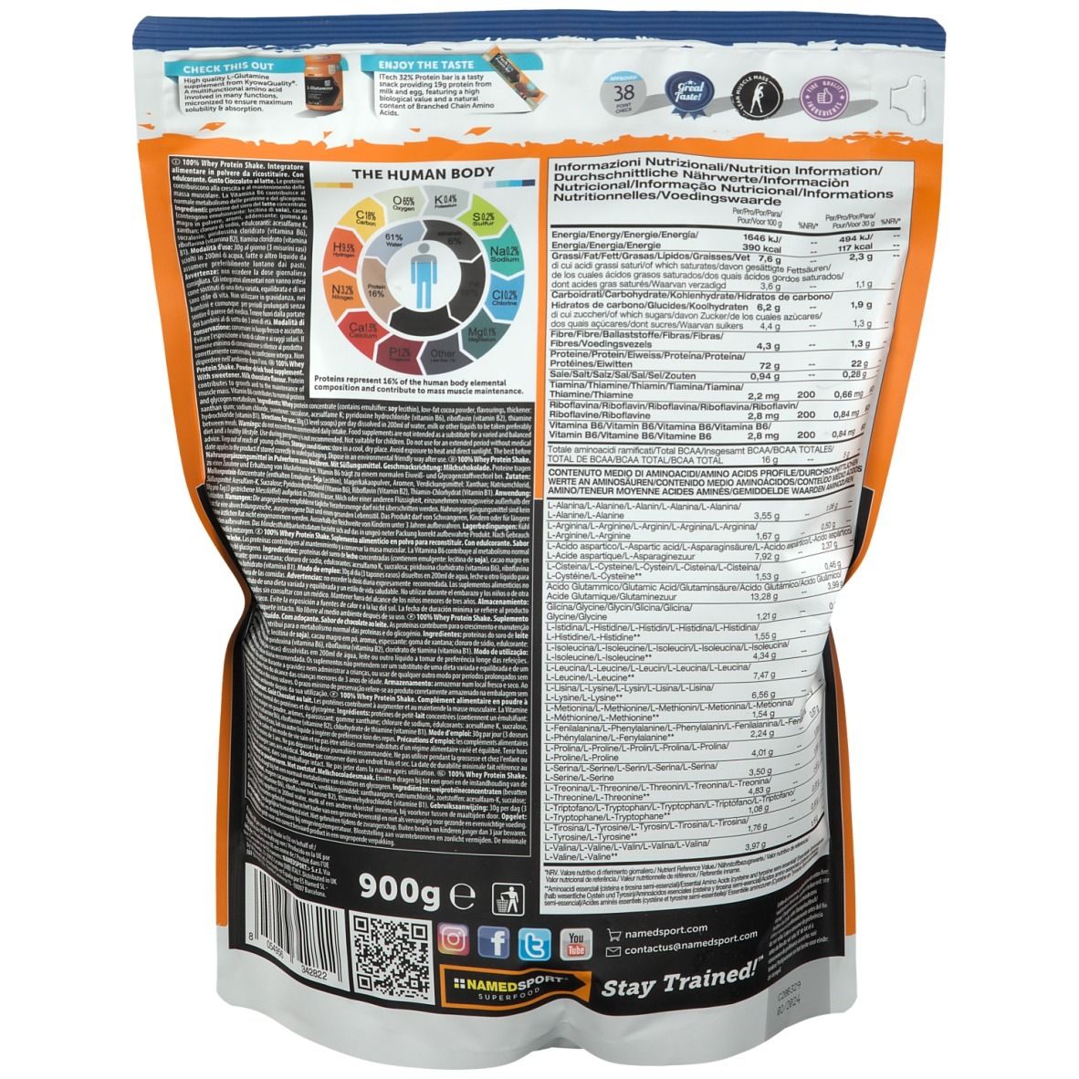 Retro della busta NAMEDSPORT® 100% Whey Protein Shake. Contiene informazioni nutrizionali, codice QR, loghi e testo. 900g.