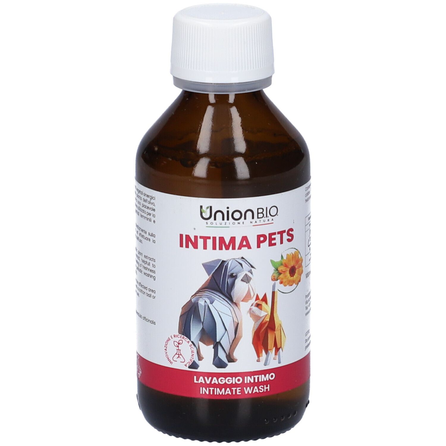 Braune Flasche mit weißem Deckel. Aufschrift: Intima Pets, Lavaggio Intimo, Intimate Wash. Abbildung von Hund und Katze.