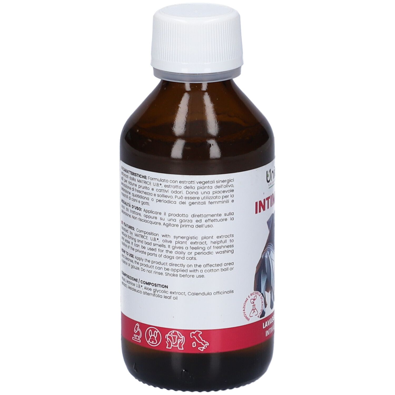 Braune Flasche mit weißem Deckel. Text auf Etikett. Roter Streifen am unteren Rand. Rückansicht.