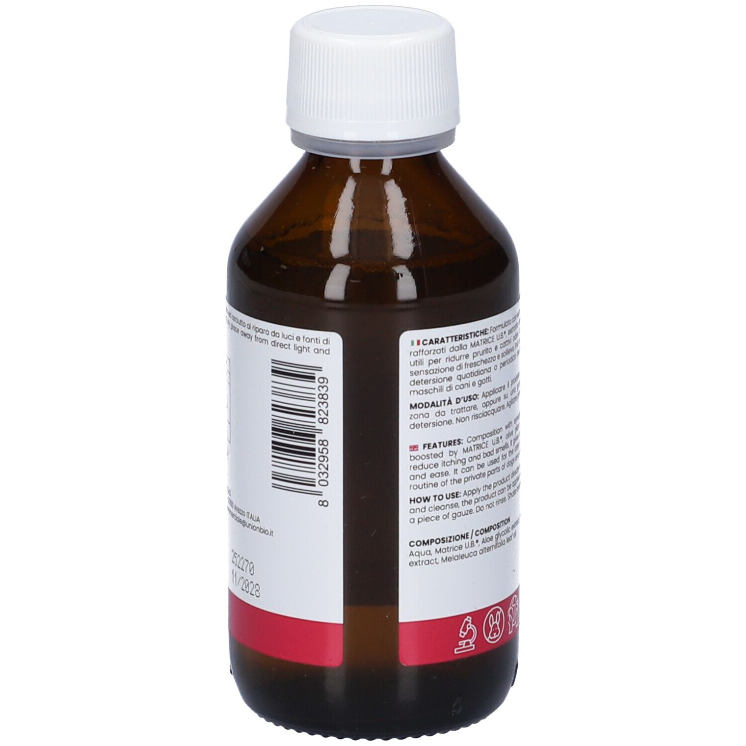 Braune Flasche mit weißem Deckel. Text auf Etikett. Barcode. Roter Streifen am unteren Rand. Rückansicht.