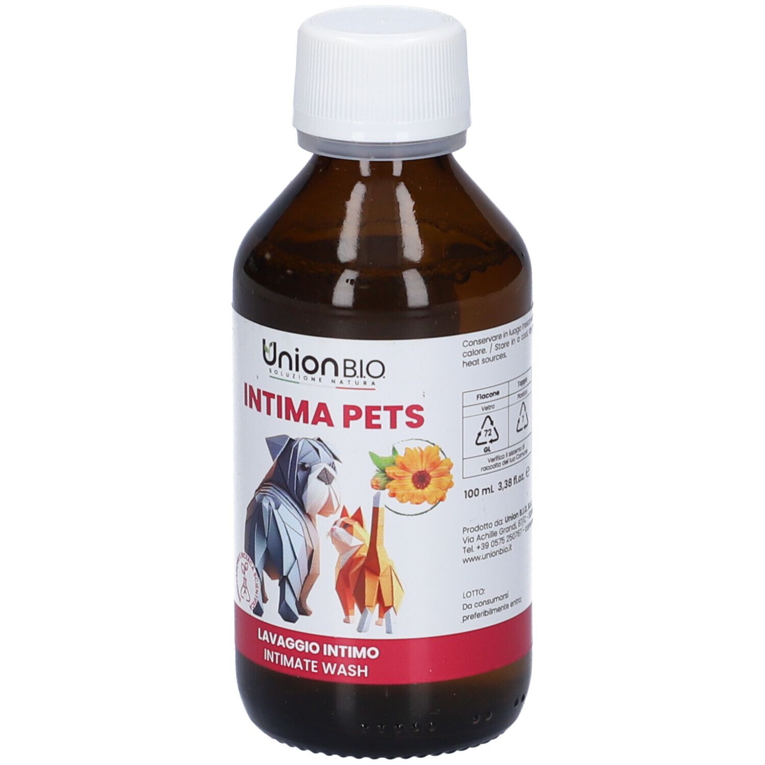 Braune Flasche mit weißem Deckel. Aufschrift: Intima Pets, Lavaggio Intimo, Intimate Wash. Abbildung von Hund und Katze. 100 ml.