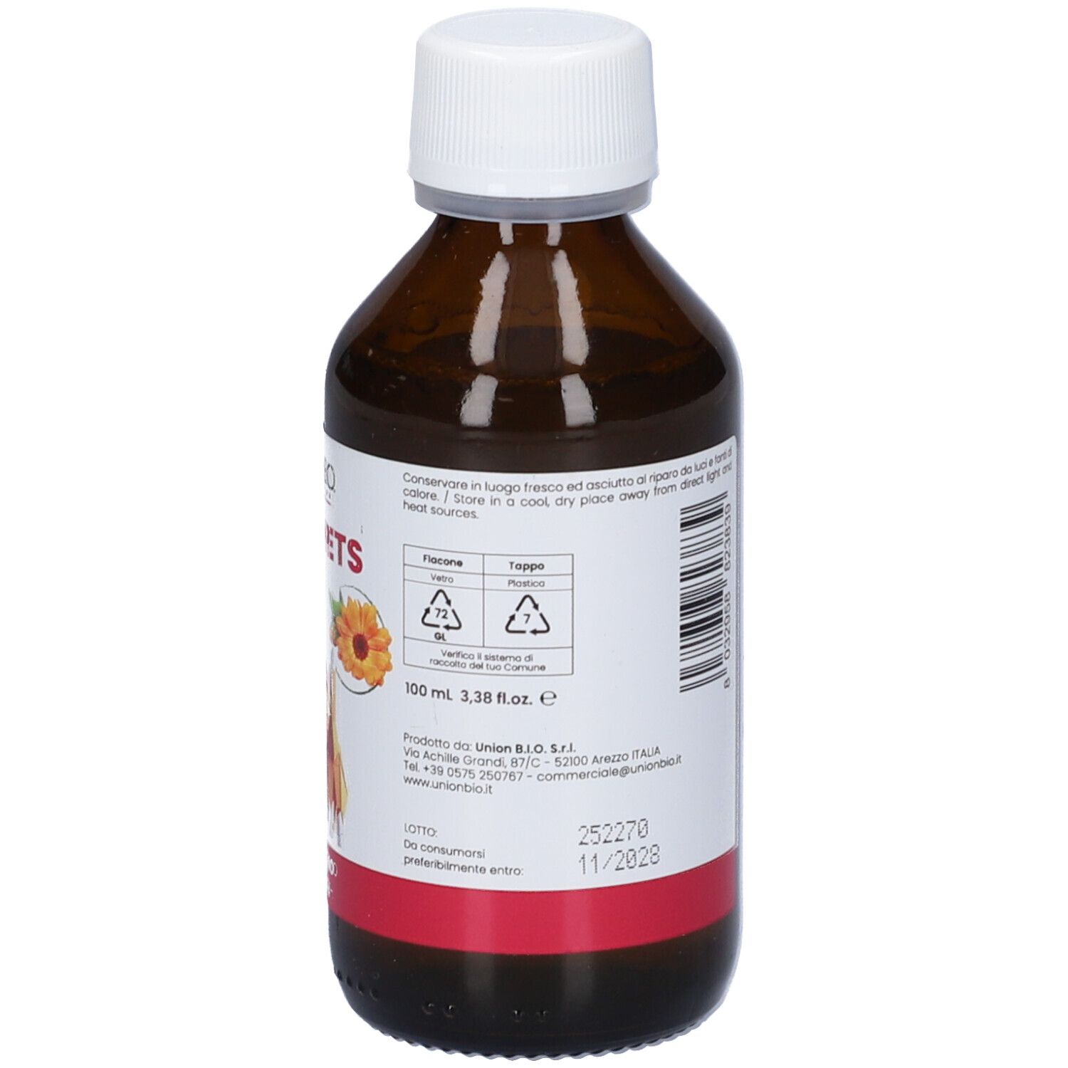 Braune Flasche mit weißem Deckel. Text auf Etikett. 100 ml. Roter Streifen am unteren Rand. Rückansicht.