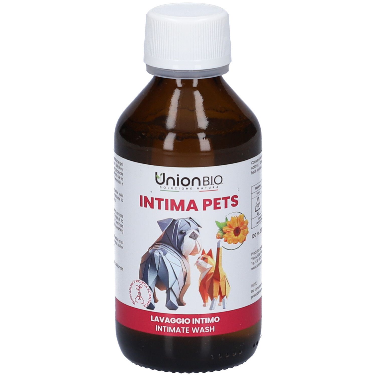 Braune Flasche mit weißem Deckel. Aufschrift: Intima Pets, Lavaggio Intimo, Intimate Wash. Abbildung von Hund und Katze.