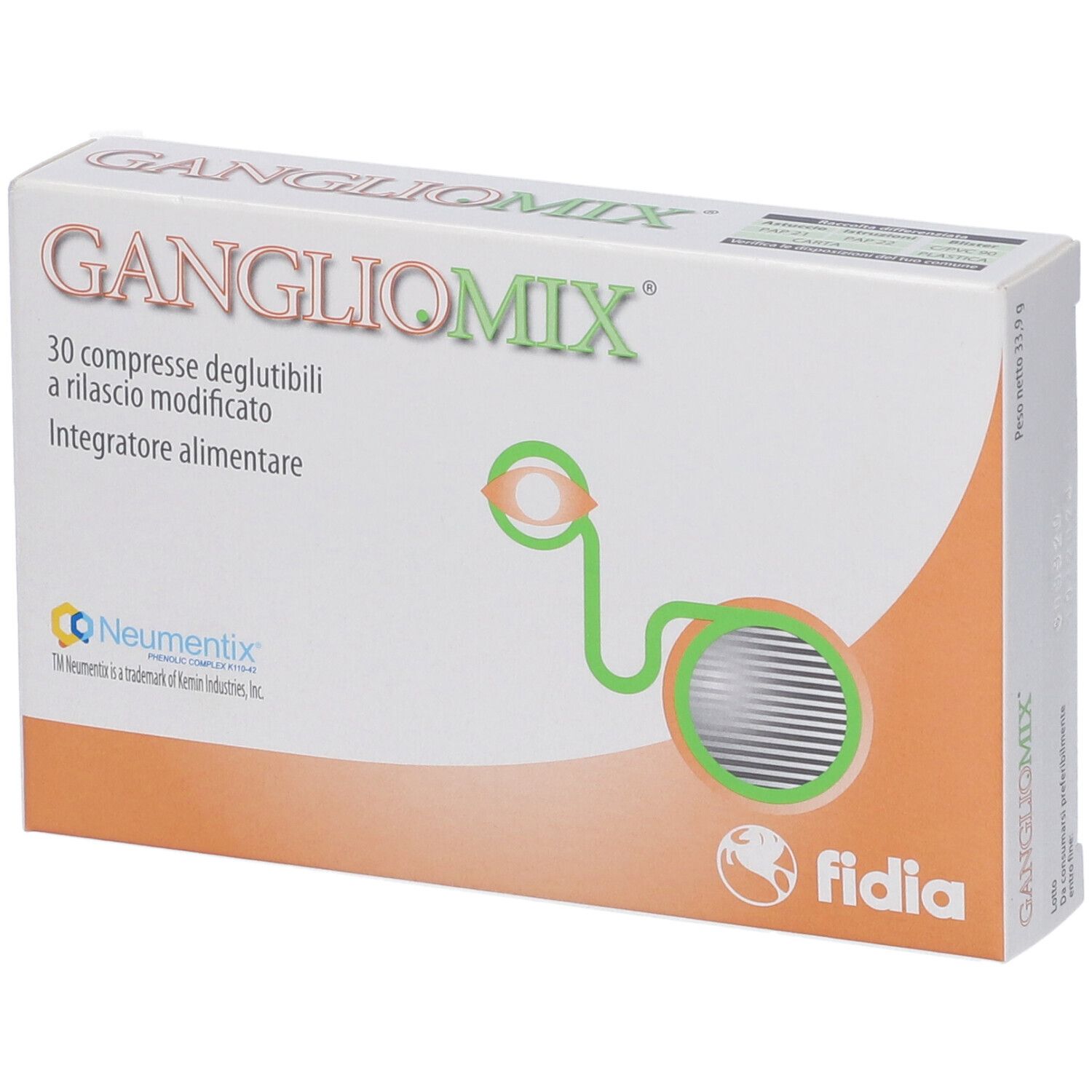 Scatola "Gangliomix" con 30 compresse. Loghi Neumentix e Fidia.