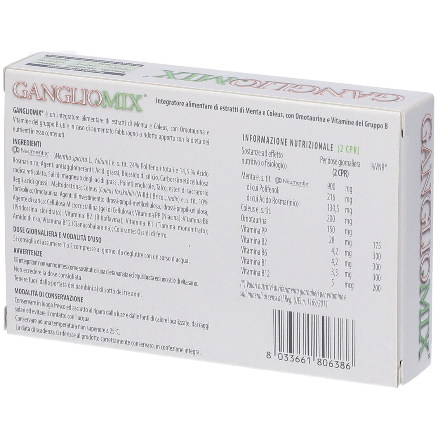 Retro della scatola "Gangliomix". Ingredienti e dosaggio. Codice a barre.