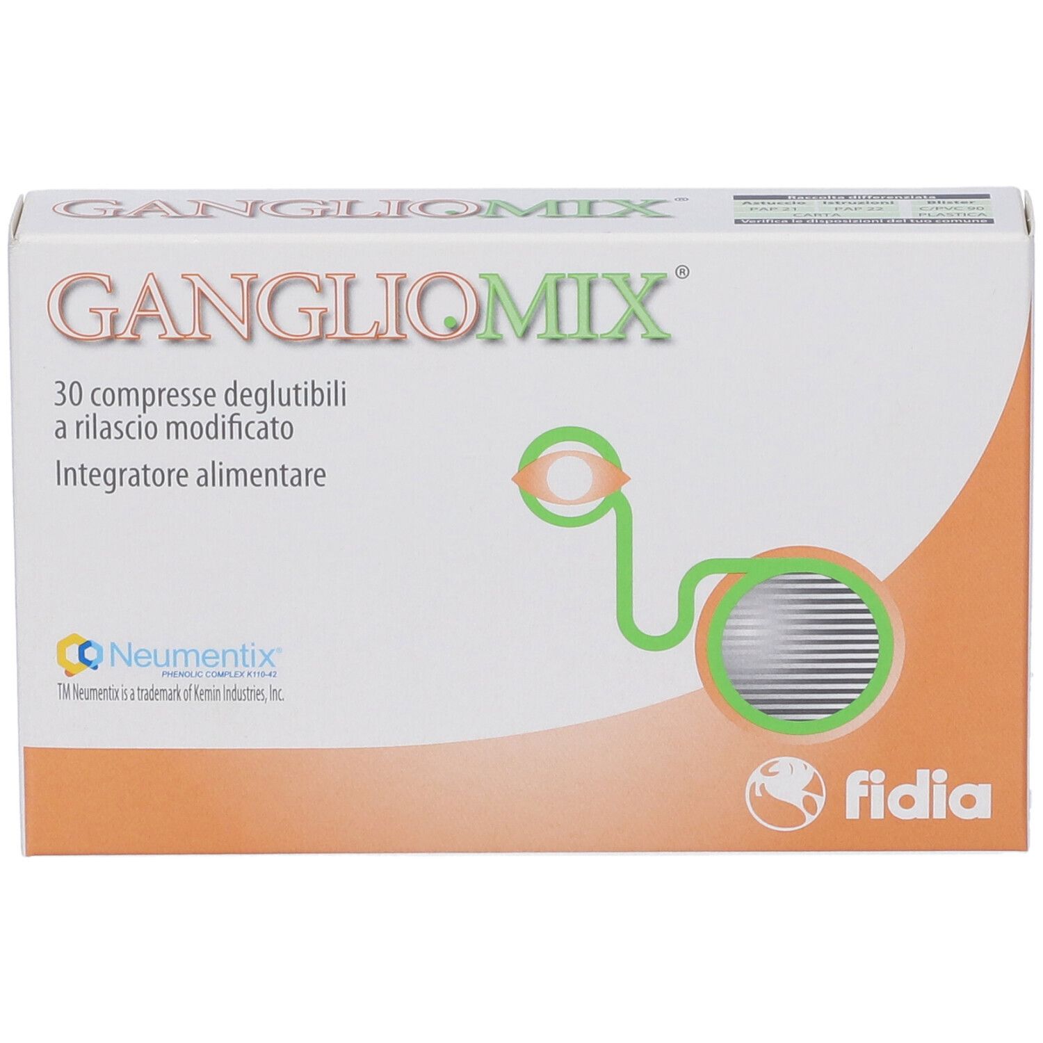 Scatola "Gangliomix" con 30 compresse. Loghi Neumentix e Fidia.