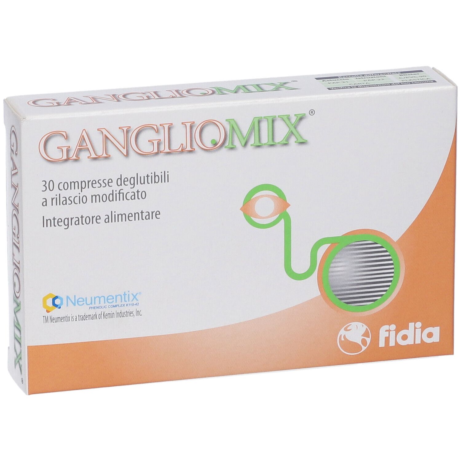Scatola "Gangliomix" con 30 compresse. Loghi Neumentix e Fidia.