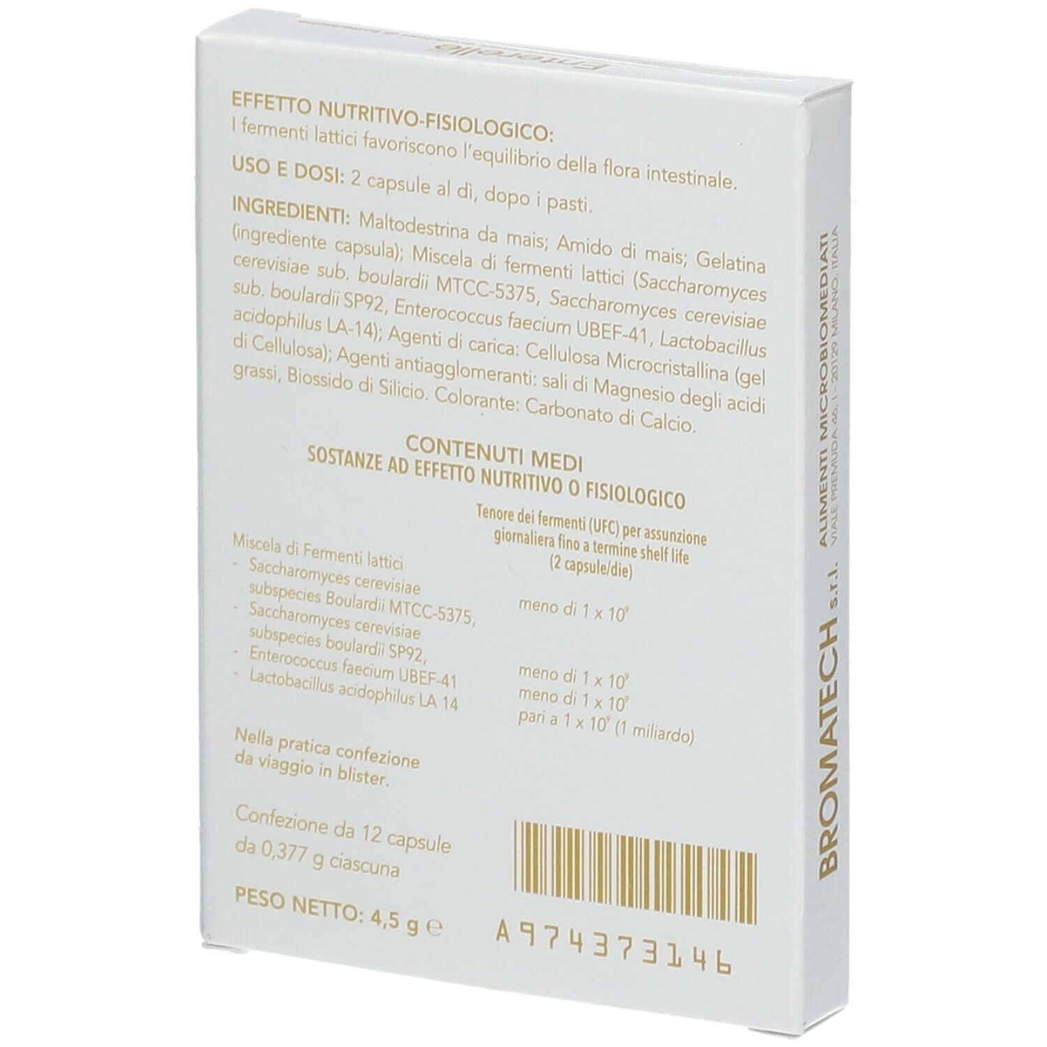 Boîte blanche, dos. Texte en italien. Liste des ingrédients, ingrédients, 12 gélules, 4,5 g.
