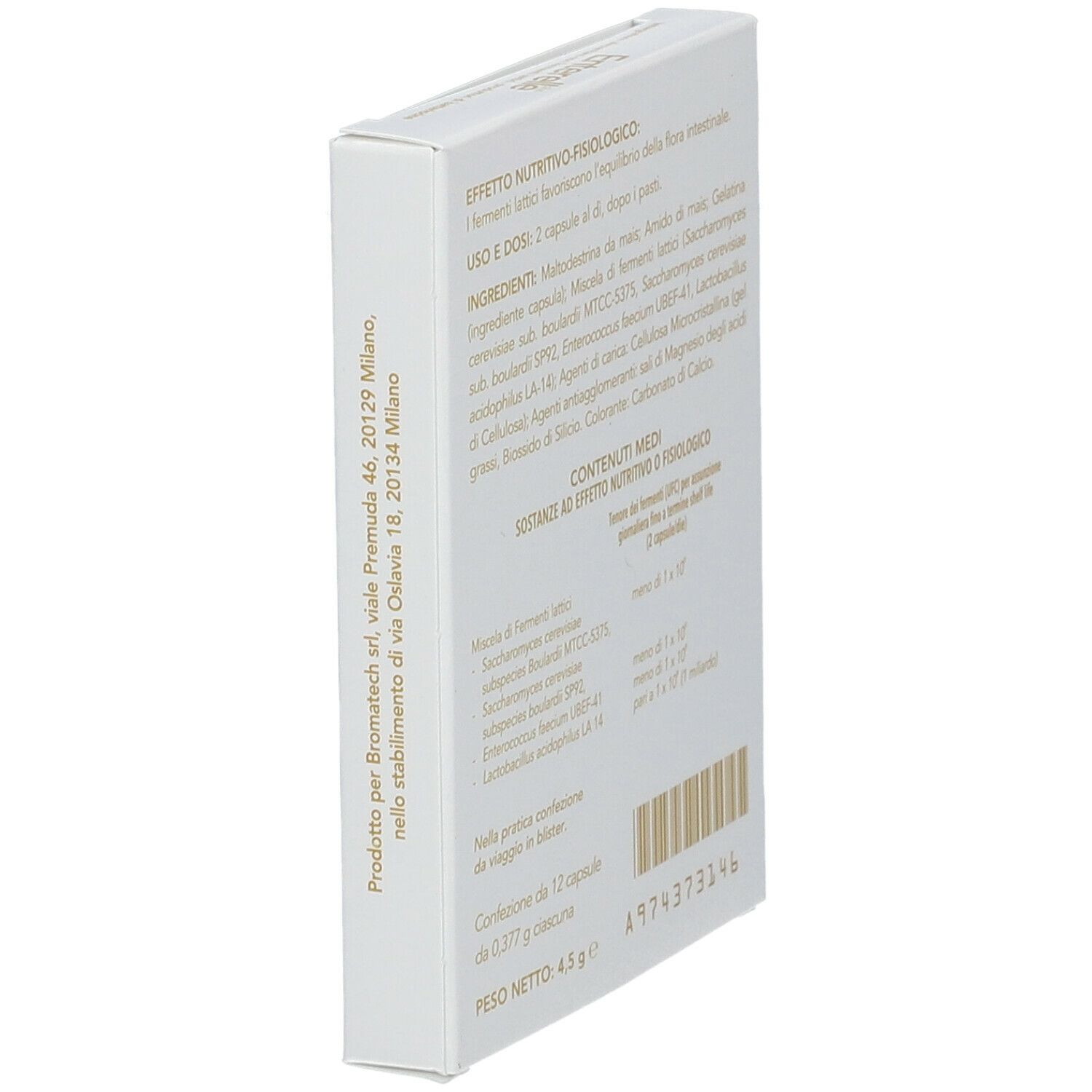 Boîte blanche, dos. Texte en italien. Liste des ingrédients, ingrédients, 12 gélules, 4,5 g.