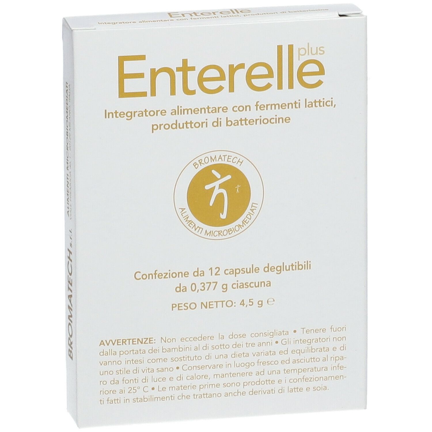 Boîte blanche avec le nom du produit Enterelle plus. Texte en italien. 12 gélules, 4,5 g.