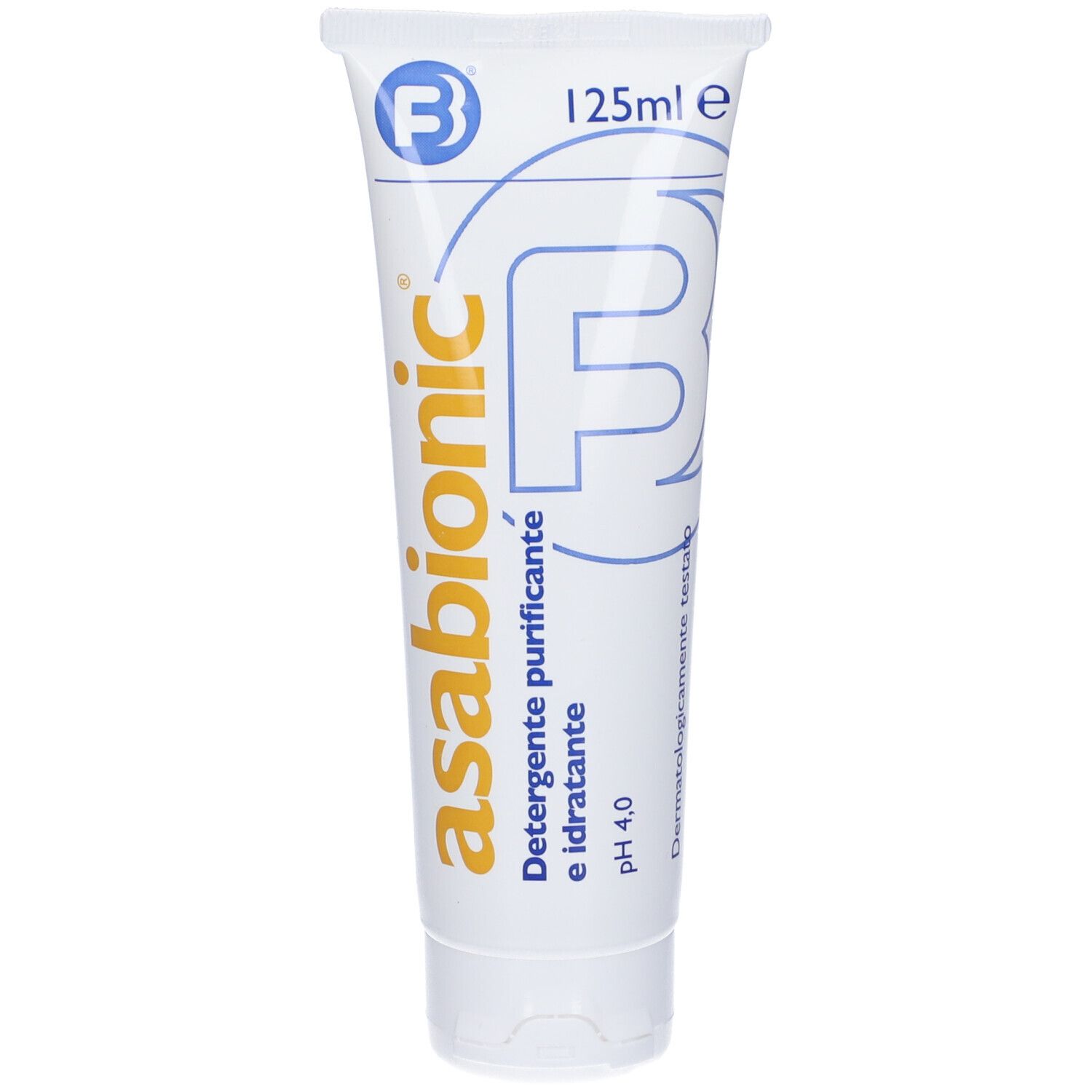 Tubo bianco con scritte blu e gialle. Scritta: Asabionic, Detergente purificante e idratante. pH 4,0. 125ml.