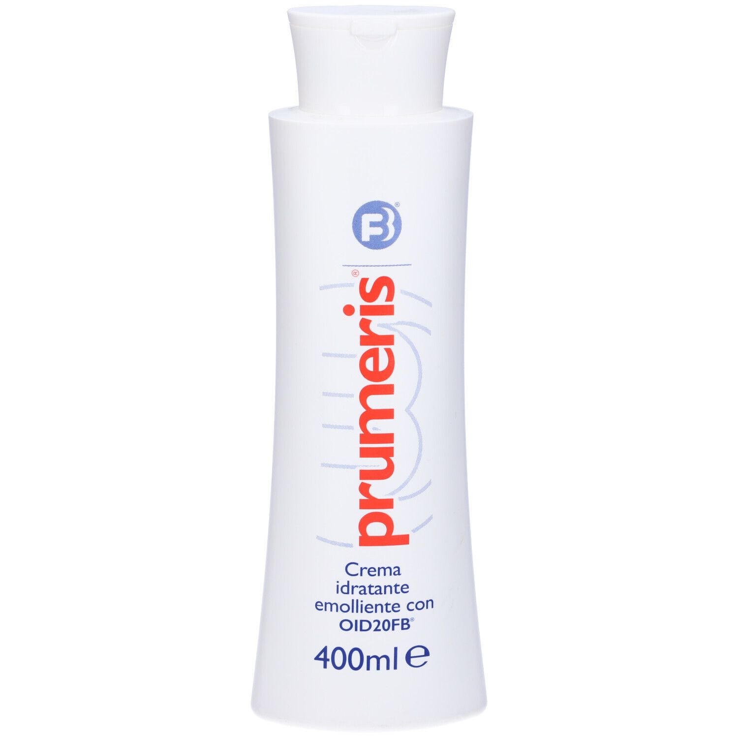 Flacone bianco con logo rosso e blu. Testo: Prumeris, Crema idratante emoliente con OID20FB, 400ml e.