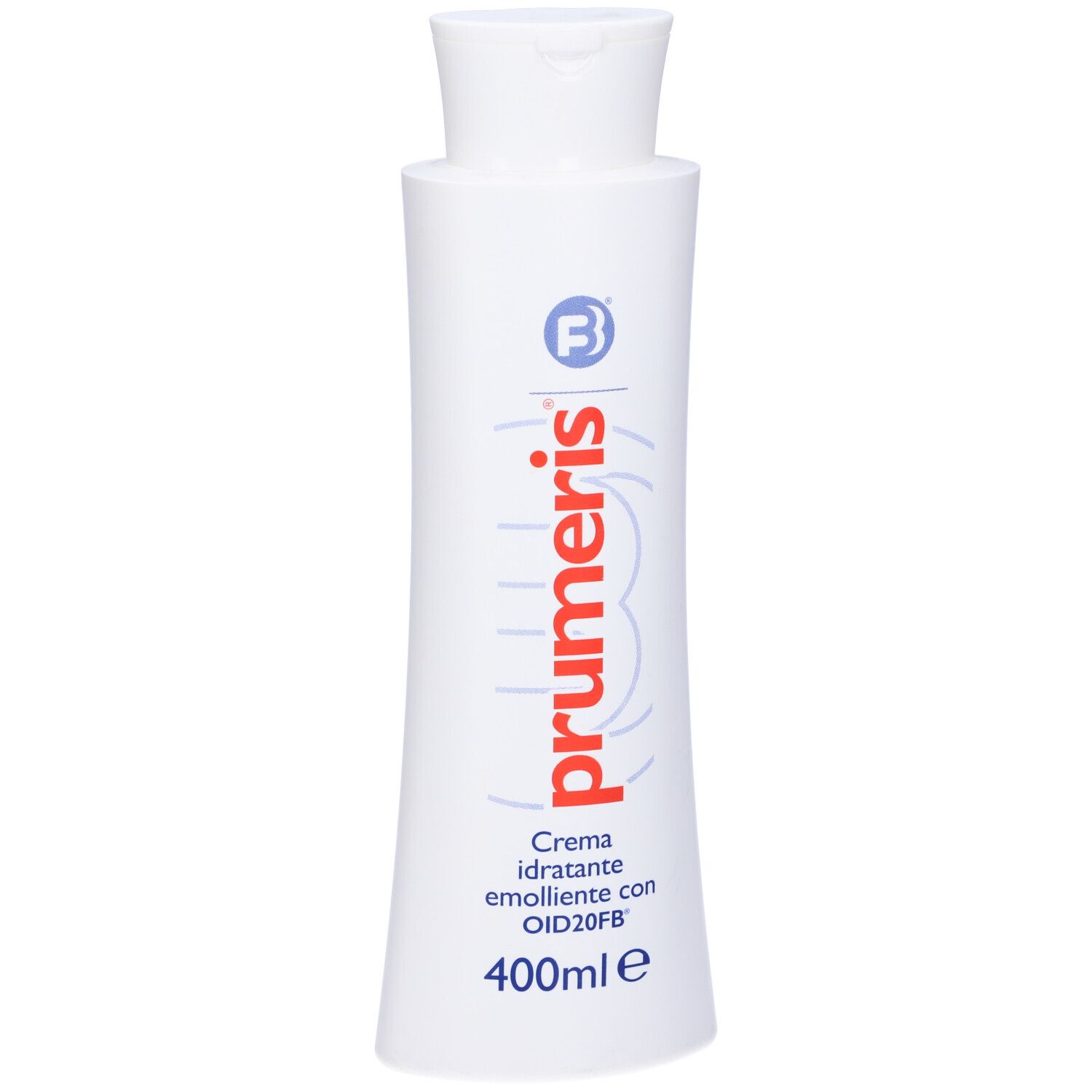 Flacone bianco con logo rosso e blu. Testo: Prumeris, Crema idratante emoliente con OID20FB, 400ml e.
