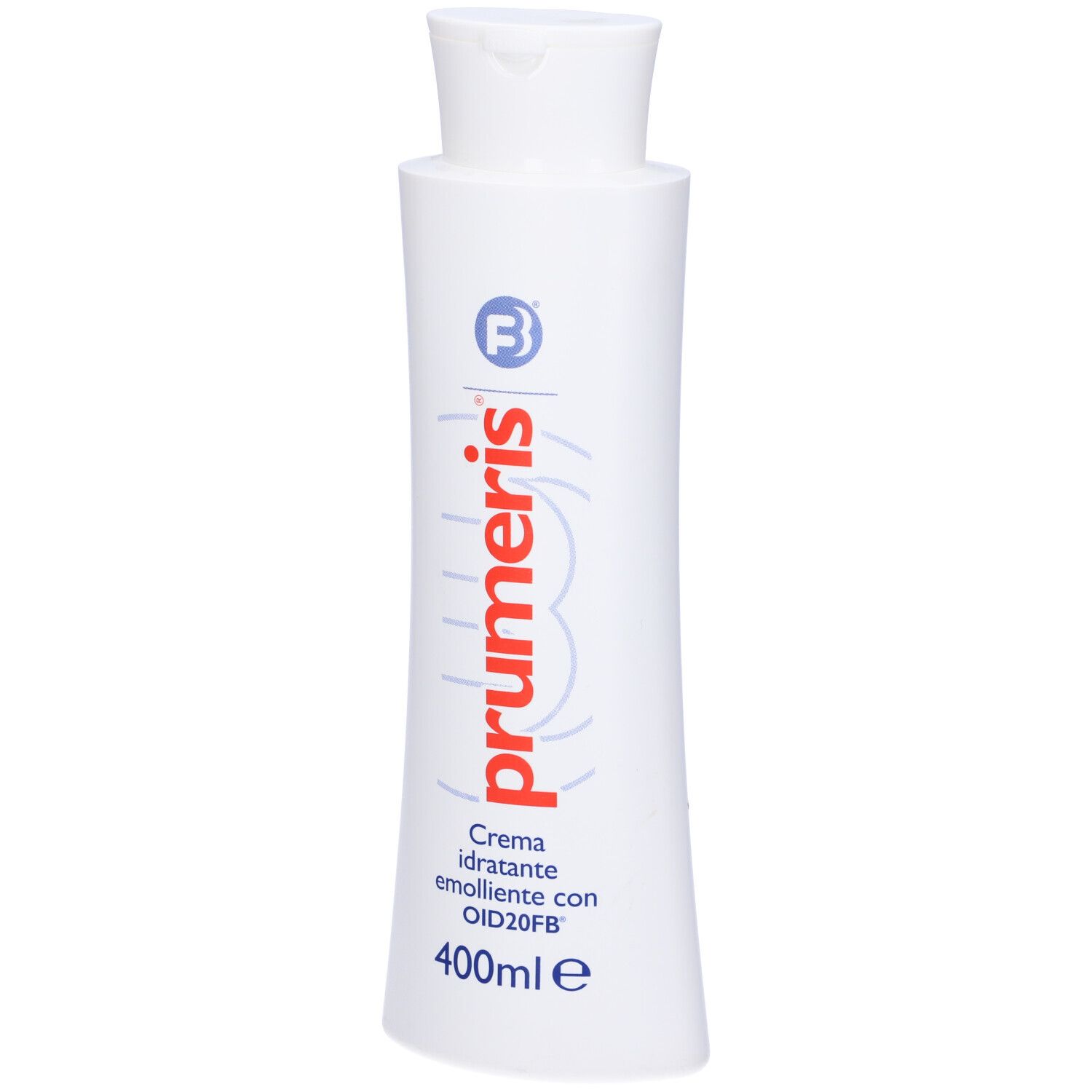 Flacone bianco con logo rosso e blu. Testo: Prumeris, Crema idratante emoliente con OID20FB, 400ml e.