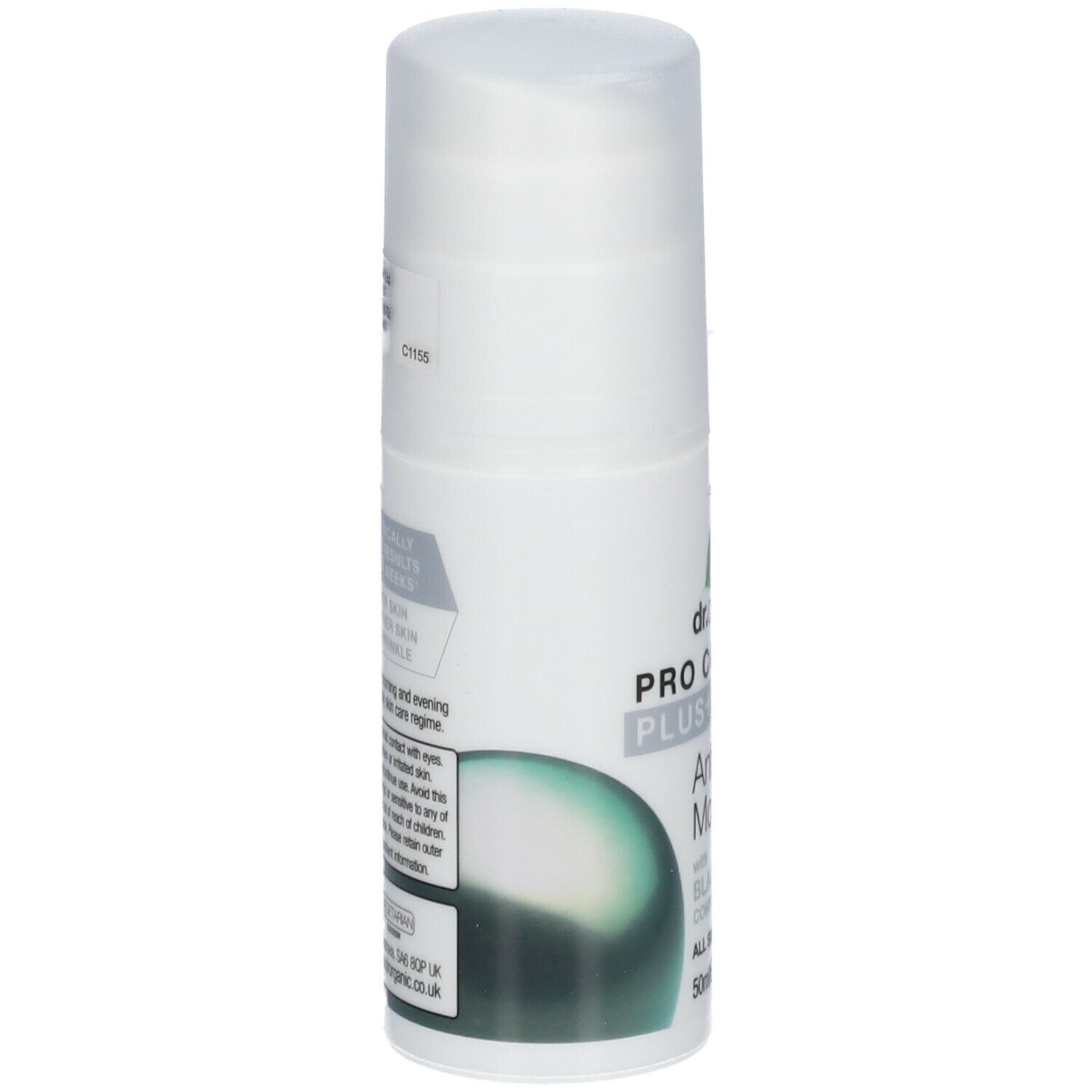 Flacone bianco, vista laterale. Scritta: Dr. Organic PRO COLLAGEN PLUS, Anti-Aging Moisturiser. Con Black Pearl Complex. 50ml.