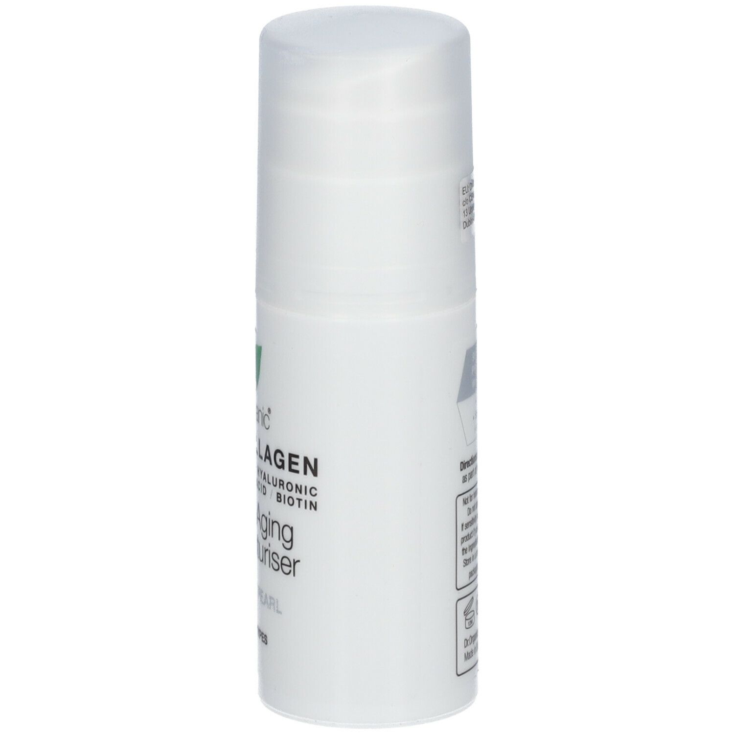 Flacone bianco con dosatore. Scritta: Dr. Organic PRO COLLAGEN PLUS, Anti-Aging Moisturiser. Con acido ialuronico e biotina.