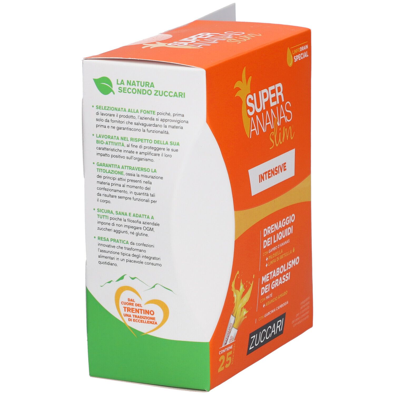 Scatola arancione con nome prodotto e testo. Testo: Super Ananas Slim Intensive. ZUCCARI. 25 porzioni. Vista laterale.
