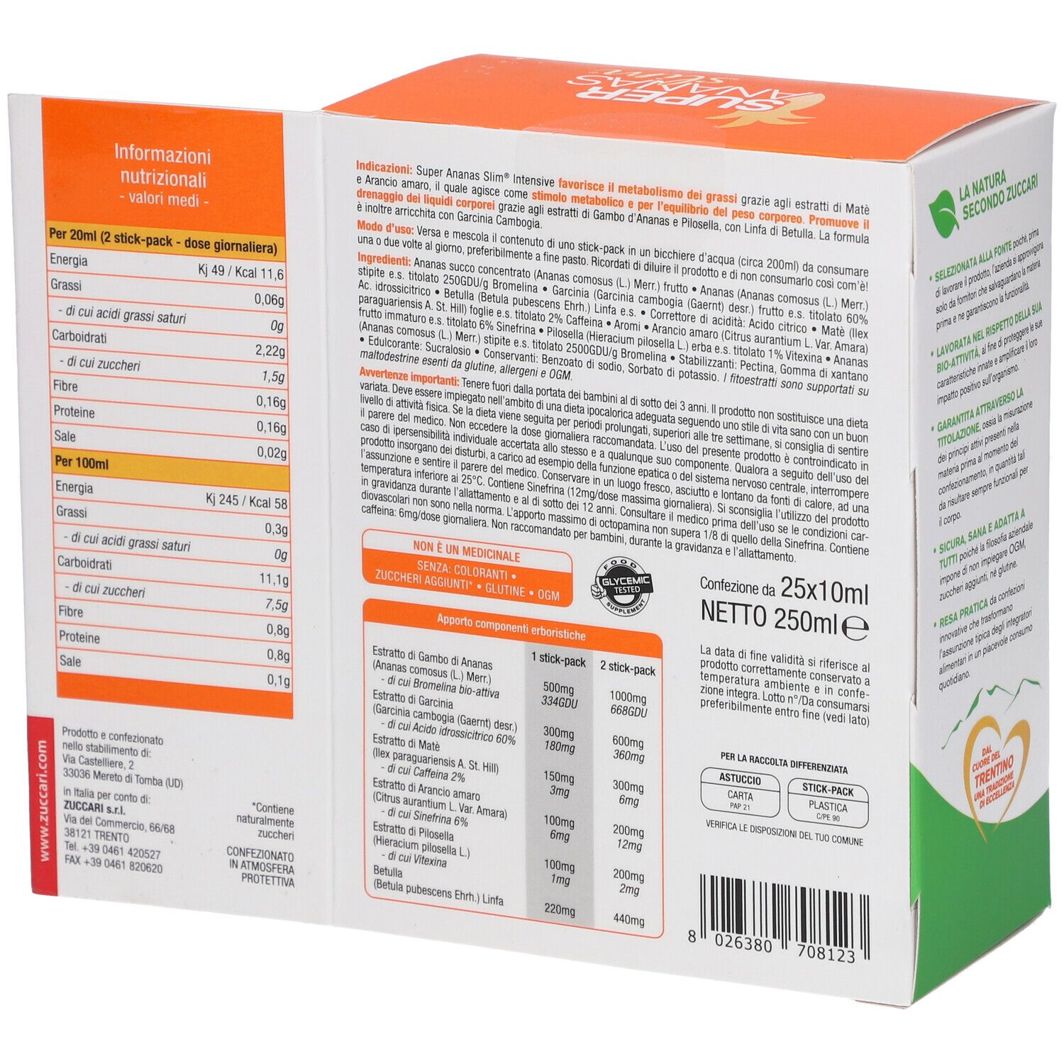 Scatola aperta con informazioni sul prodotto. Testo: Super Ananas Slim Intensive. Ingredienti e informazioni nutrizionali. ZUCCARI.