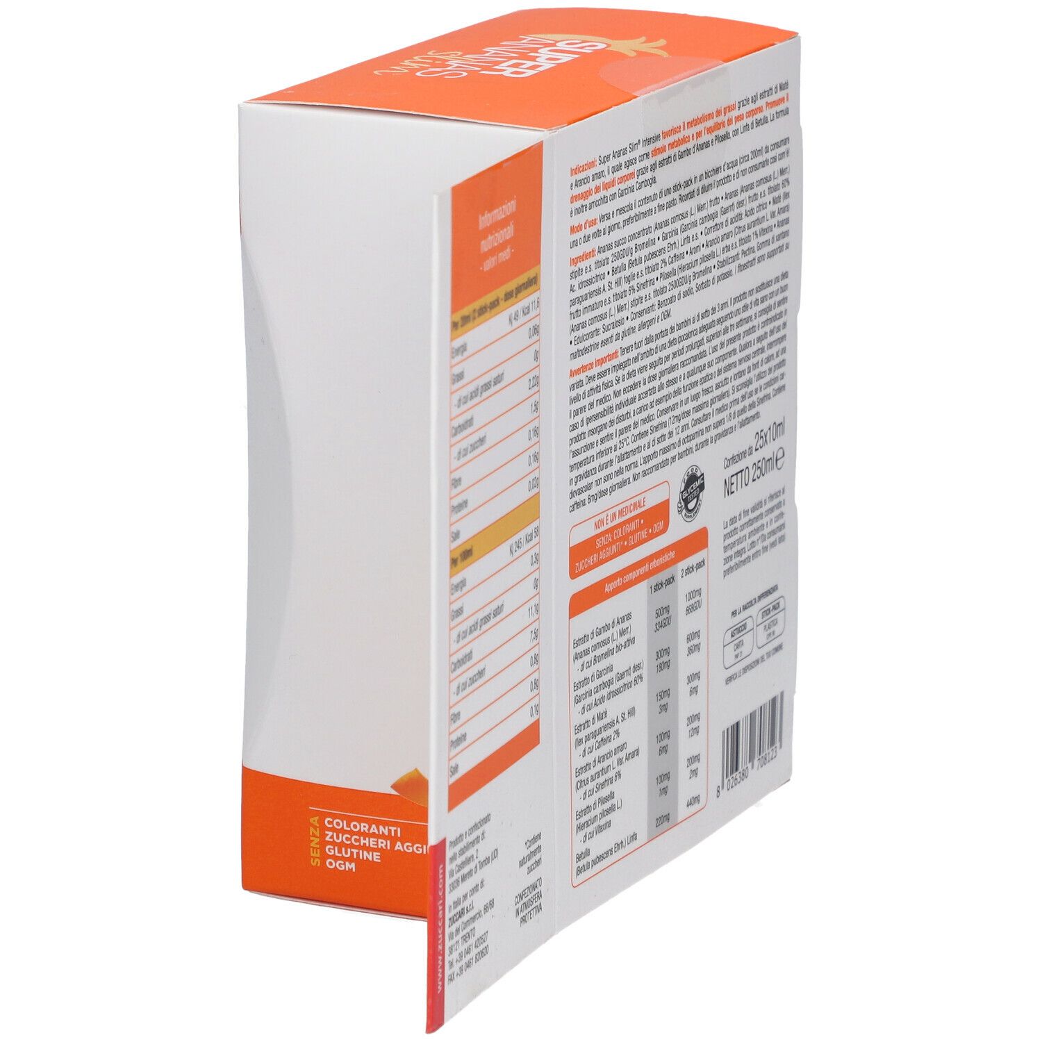 Scatola aperta con informazioni sul prodotto. Testo: Super Ananas Slim Intensive. Informazioni nutrizionali. ZUCCARI. Retro.
