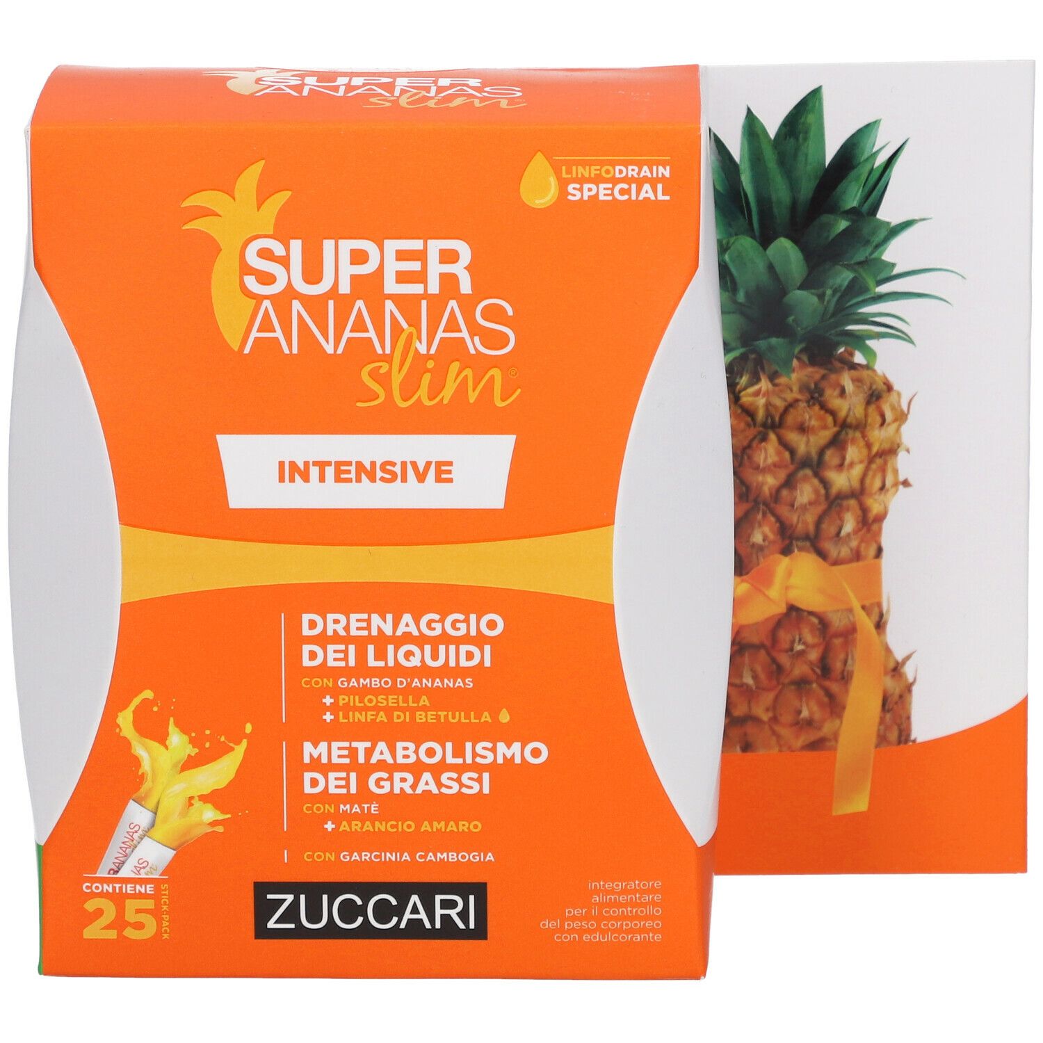 Scatola arancione con nome prodotto e ananas. Contiene 25 porzioni. Testo: Super Ananas Slim Intensive. ZUCCARI.