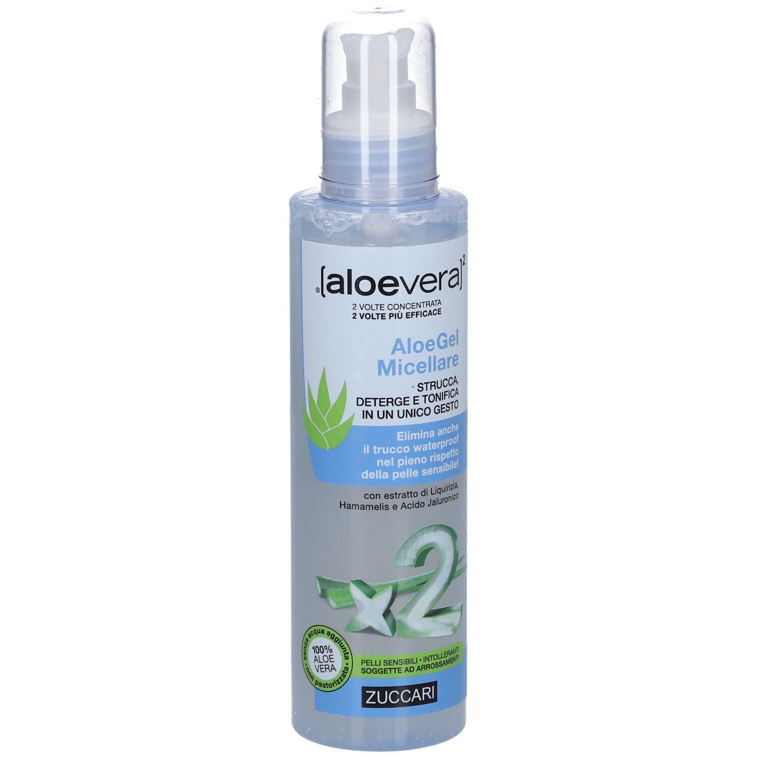 Aloe Vera Micellar Gel in Pumpspenderflasche. Klare Flüssigkeit mit grünen Akzenten und Text.