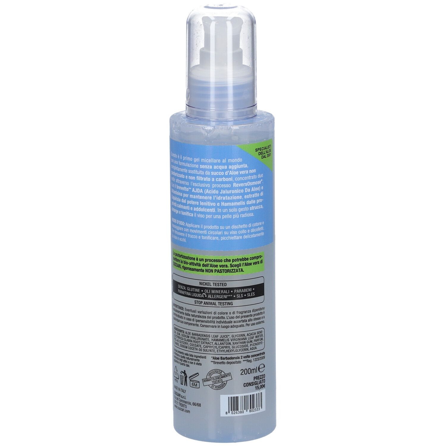 Flasche mit Pumpspender, 200ml, mit Etikett und Text.