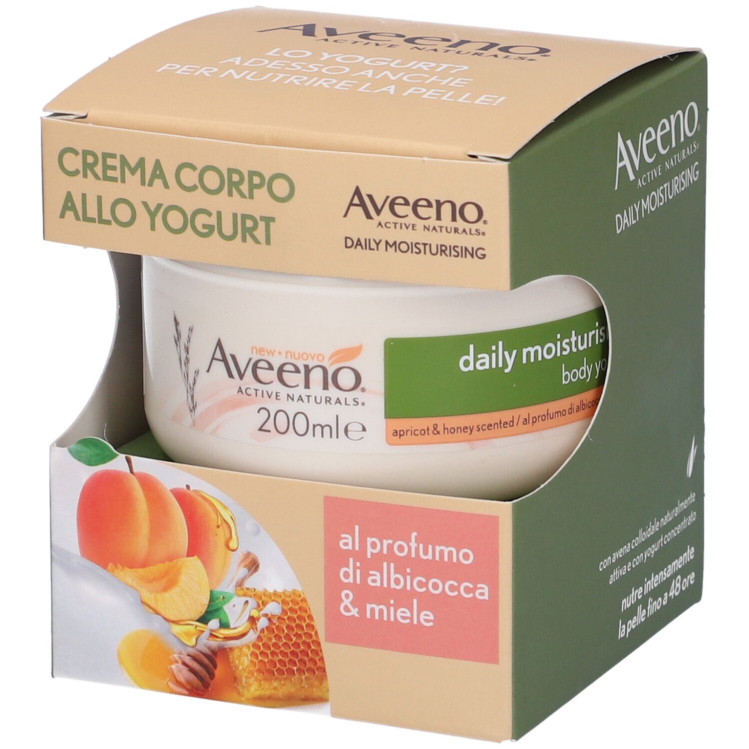 Vaso di crema in confezione. Scritta Aveeno, Daily Moisturising, 200ml. Illustrazione di albicocche e favo. Testo: al profumo di albicocca & miele.