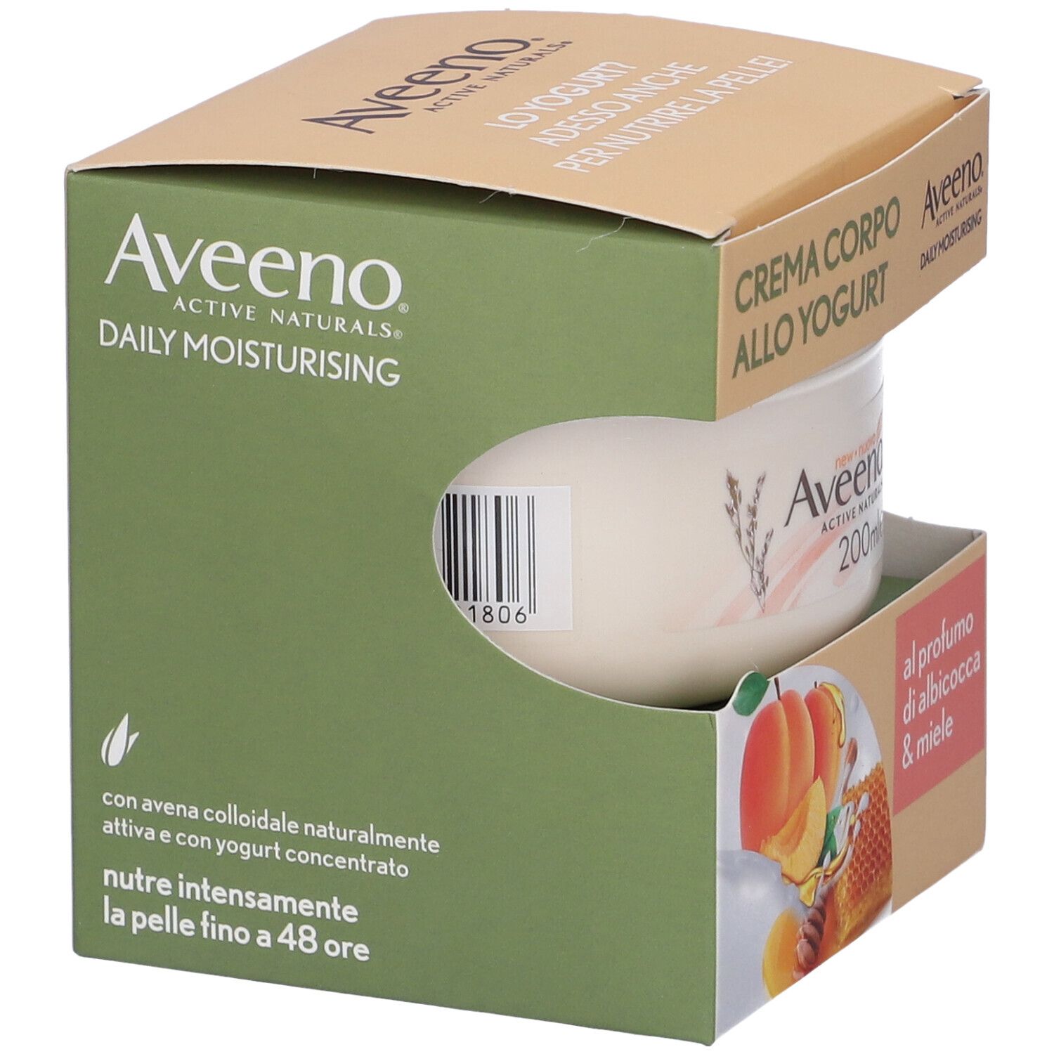 Vaso di crema in confezione. Scritta Aveeno, Daily Moisturising, 200ml. Codice a barre. Testo: al profumo di albicocca & miele.