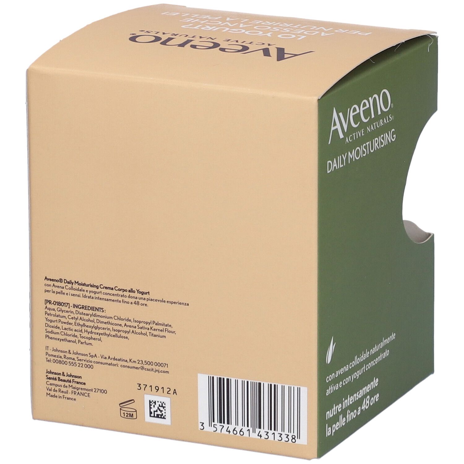 Confezione con testo e codice a barre. Scritta Aveeno, Daily Moisturising. Testo: ingredienti, indirizzo.