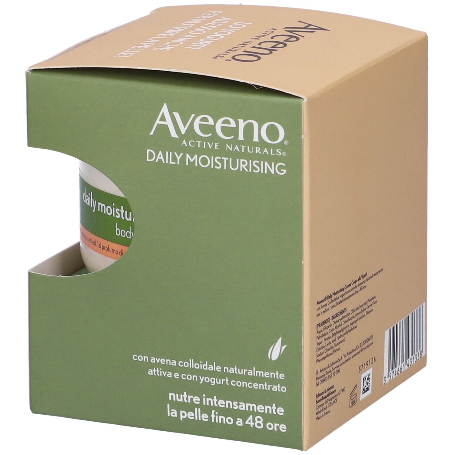 Vaso di crema in confezione. Scritta Aveeno, Daily Moisturising. Testo: ingredienti, indirizzo.