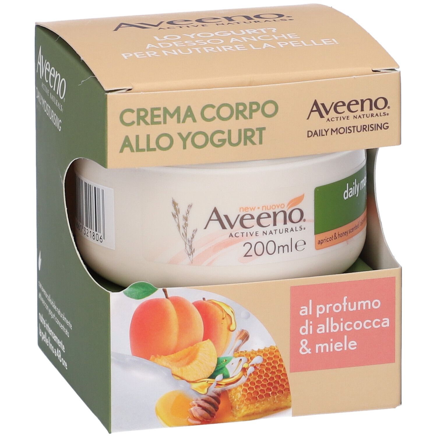 Vaso di crema in confezione. Scritta Aveeno, Daily Moisturising, 200ml. Illustrazione di albicocche e favo. Testo: al profumo di albicocca & miele.