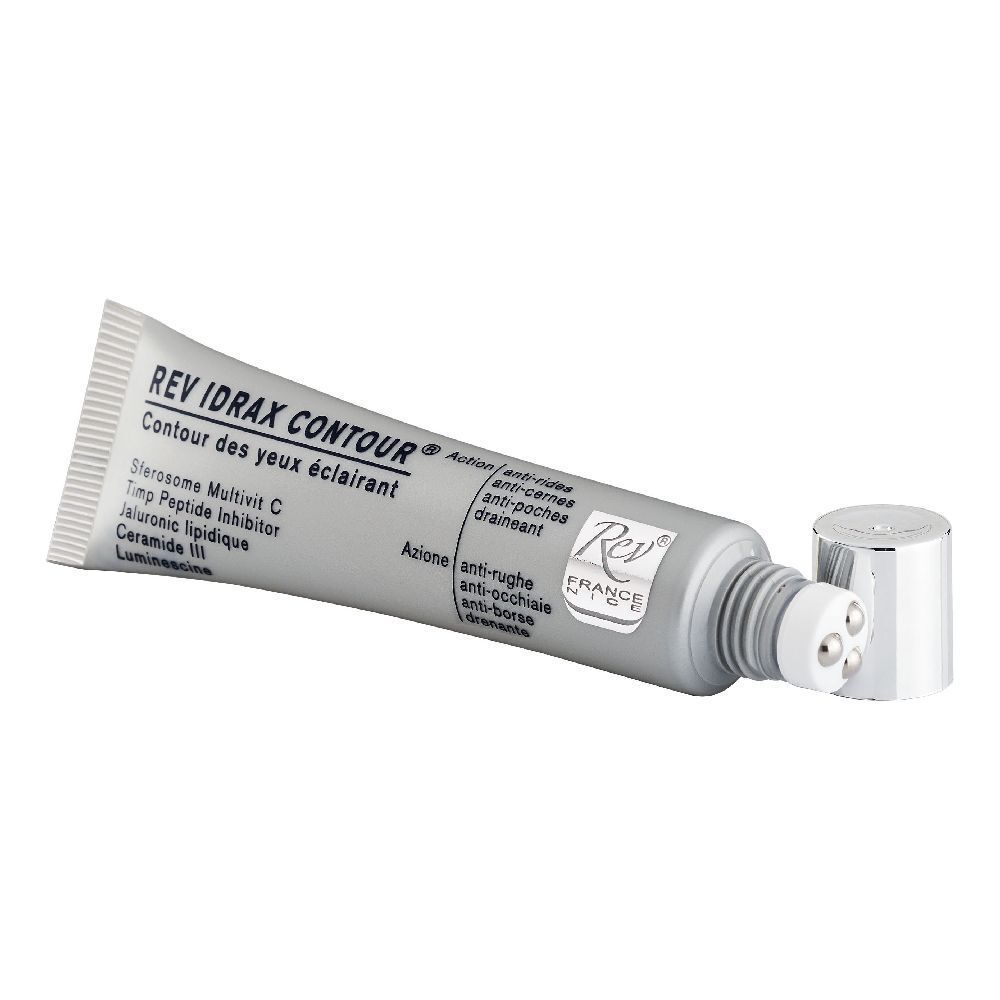 Tubo grigio con tappo argentato e applicatore a rullo. Scritta: REV IDRAX CONTOUR.