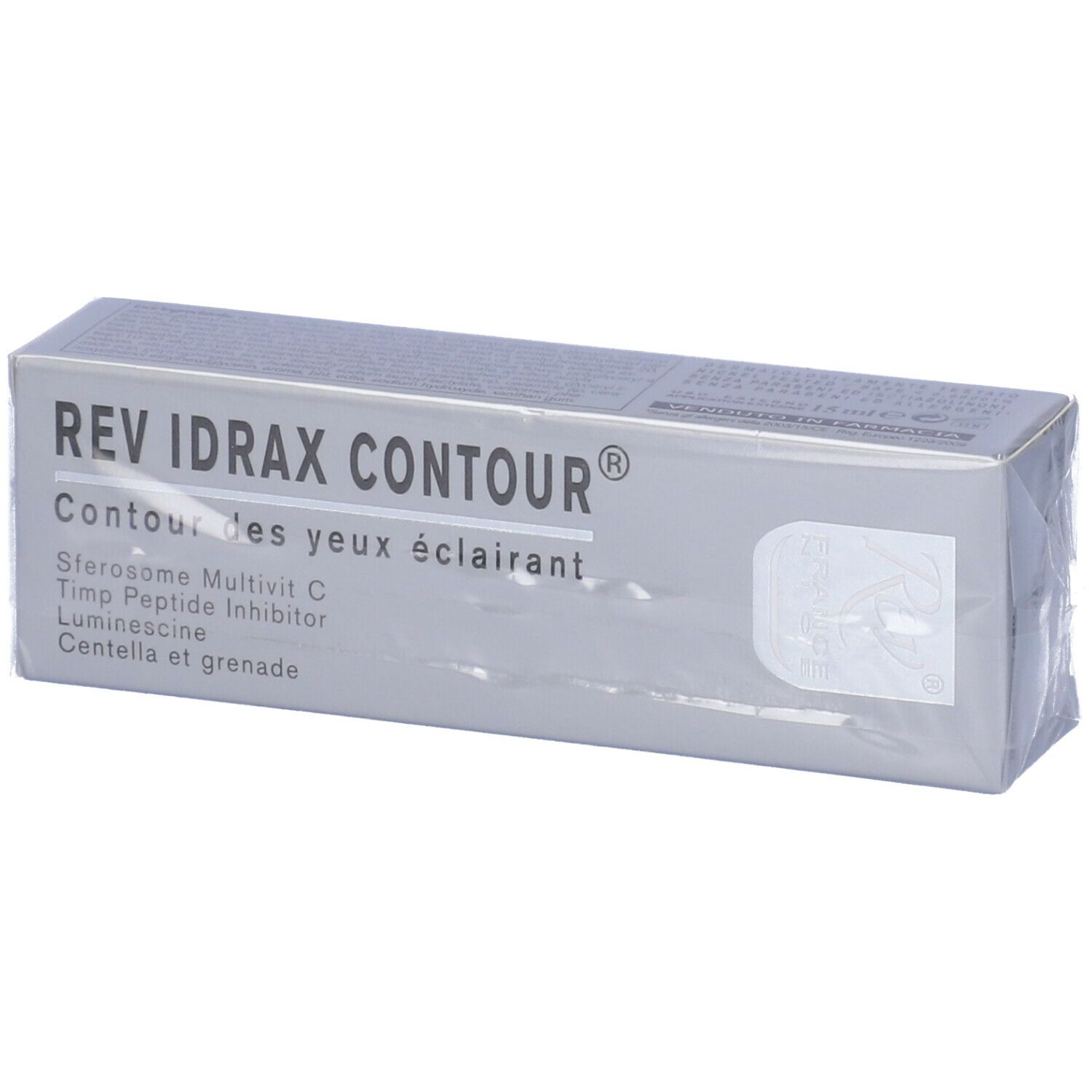 Confezione grigia con nome prodotto REV IDRAX CONTOUR. Ingredienti e loghi visibili.