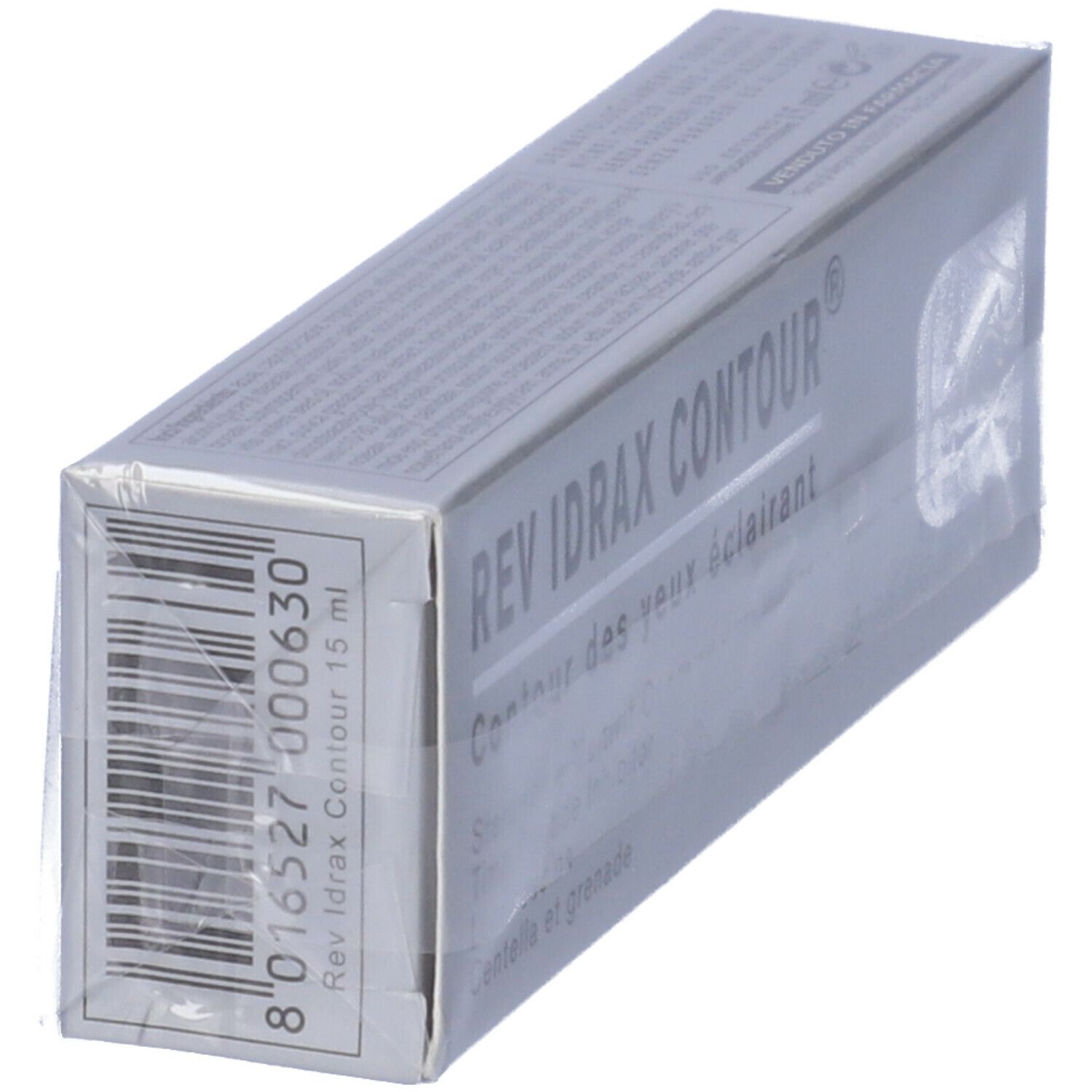 Confezione grigia, nome prodotto REV IDRAX CONTOUR. Codice a barre e informazioni laterali.