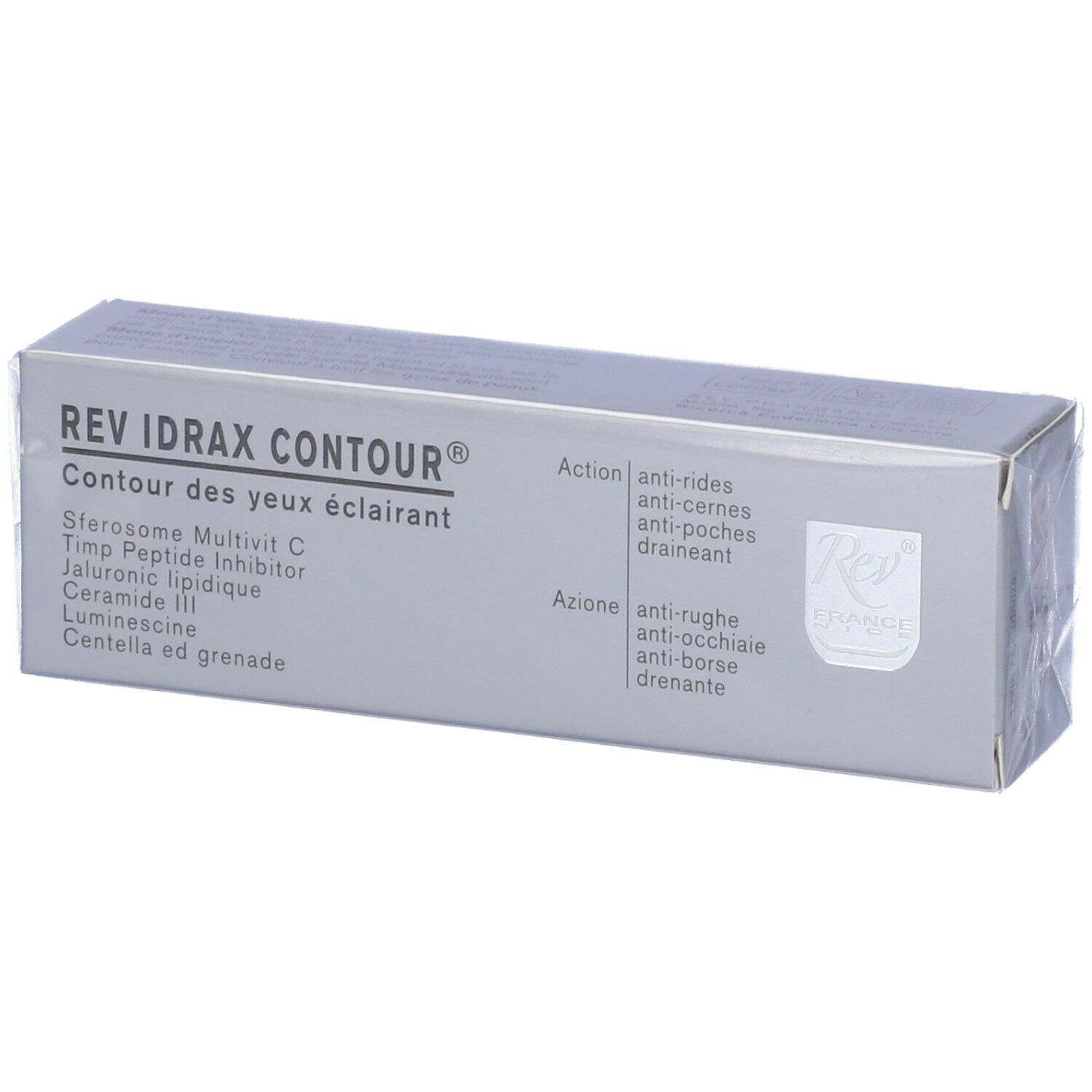 Confezione grigia con nome prodotto REV IDRAX CONTOUR. Ingredienti e loghi visibili.