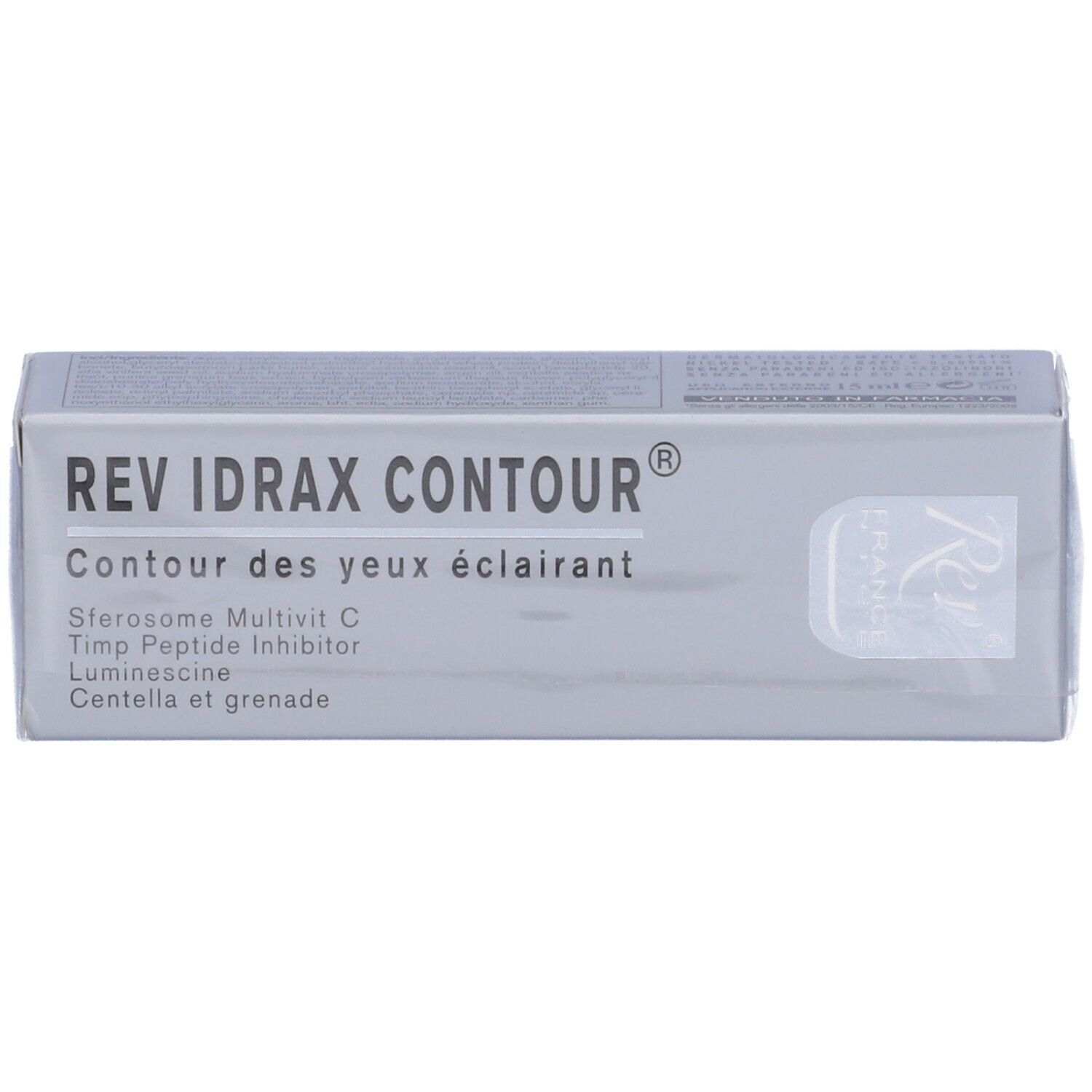 Confezione grigia con nome prodotto REV IDRAX CONTOUR. Ingredienti e loghi visibili.