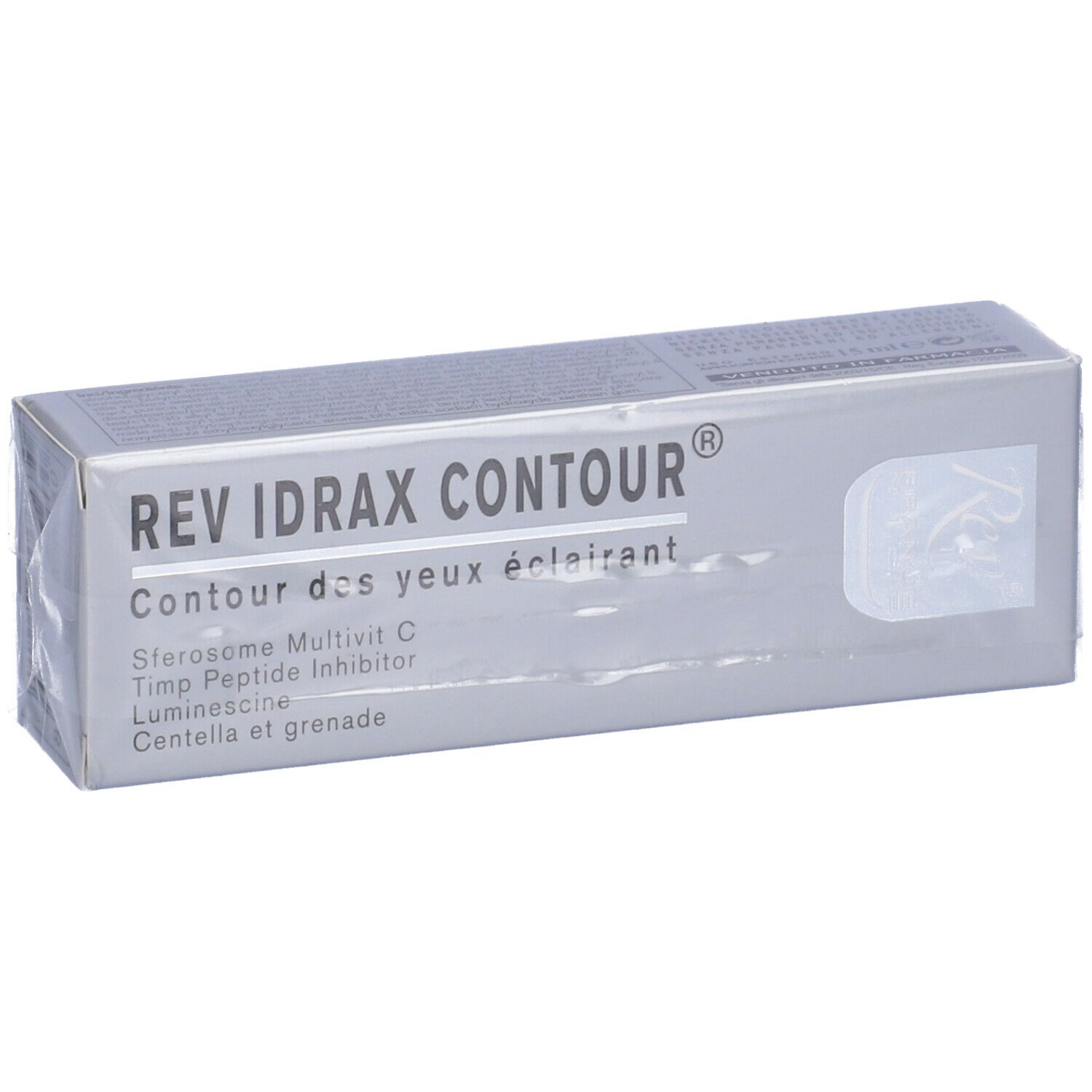 Confezione grigia con nome prodotto REV IDRAX CONTOUR. Ingredienti e loghi visibili.