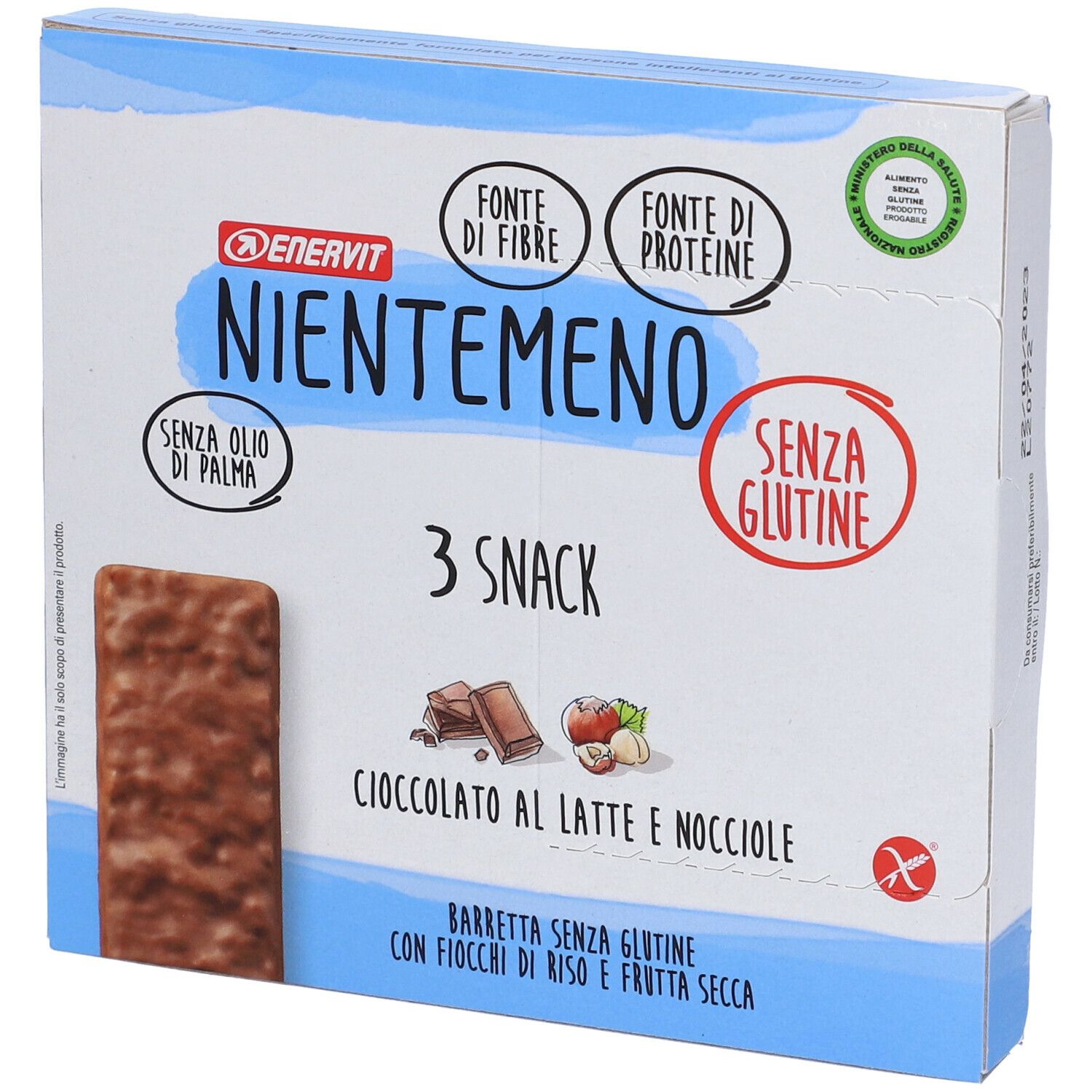 Confezione da 3 snack ENERVIT® Nientemeno. Scatola blu e bianca. Senza glutine, proteine, fibre, senza olio di palma. Gusto cioccolato-nocciola.