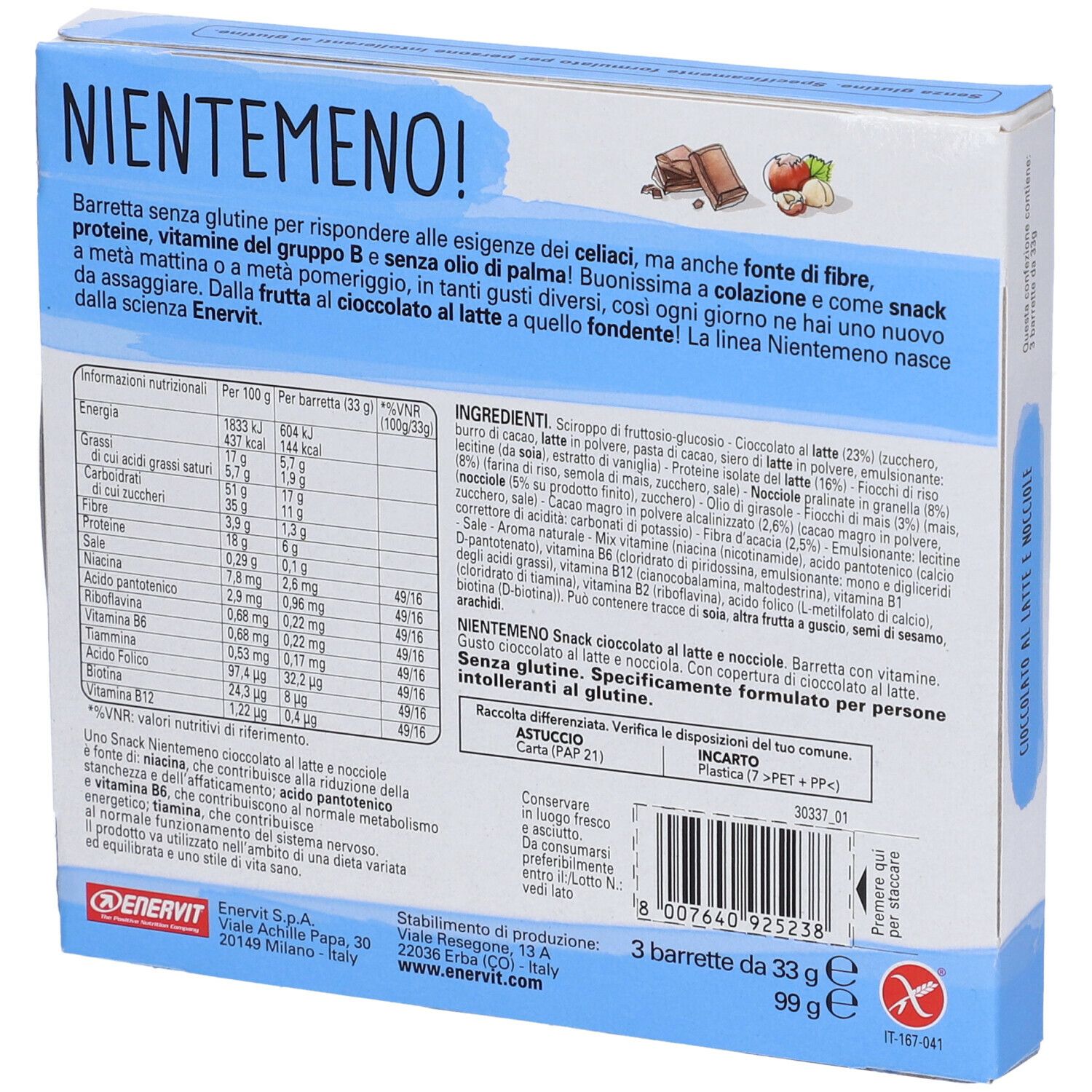 Retro della confezione degli snack ENERVIT® Nientemeno. Contiene informazioni nutrizionali, elenco ingredienti e informazioni produttore. Testo in italiano.