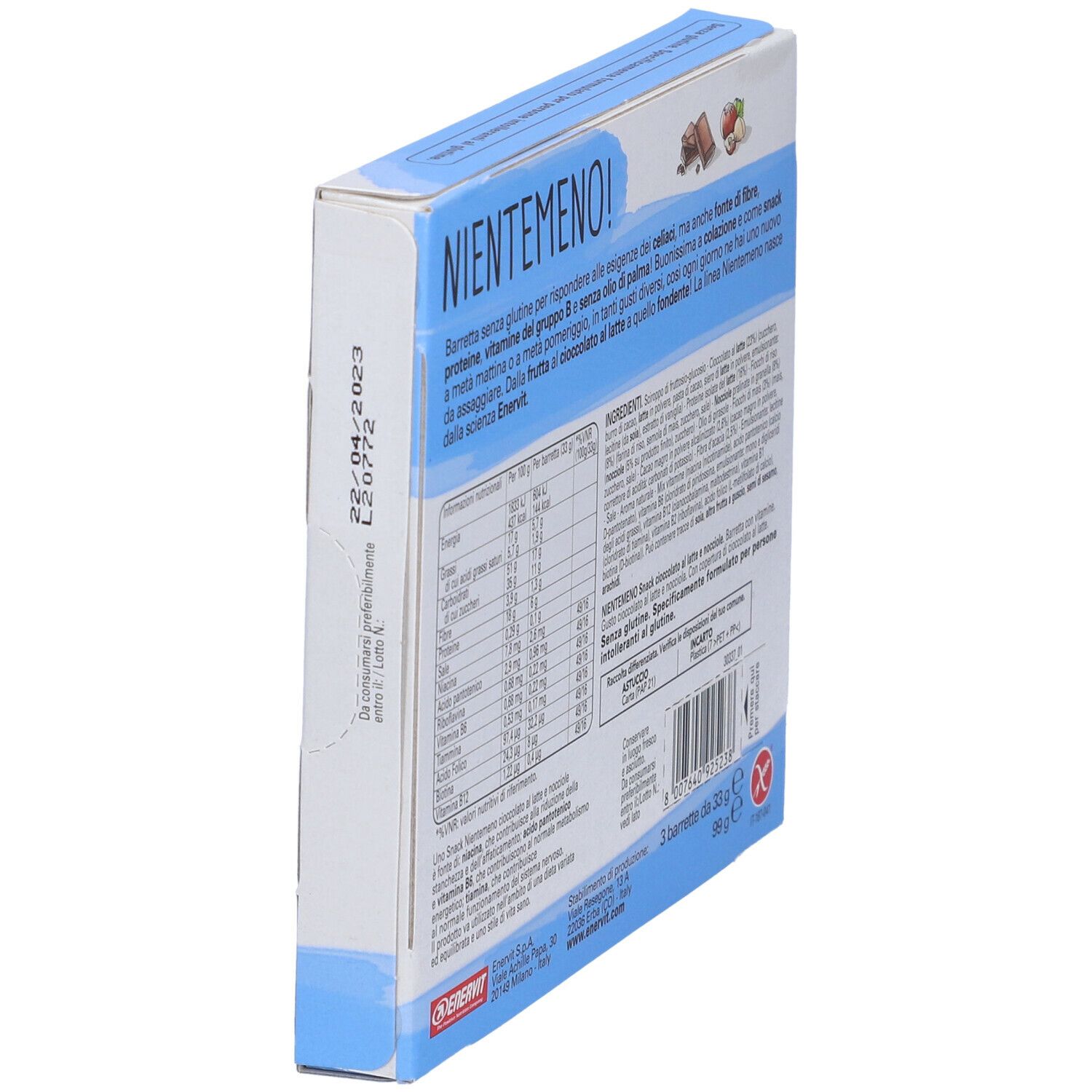 Vista laterale della confezione degli snack ENERVIT® Nientemeno. Contiene informazioni nutrizionali e data di scadenza. Testo in italiano.