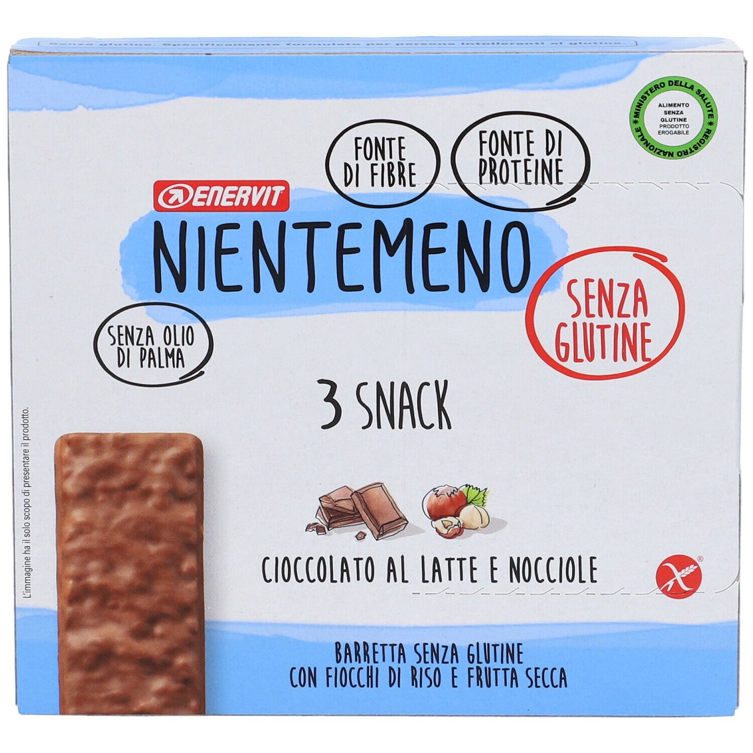 Confezione da 3 snack ENERVIT® Nientemeno. Scatola blu e bianca. Senza glutine, proteine, fibre, senza olio di palma. Gusto cioccolato-nocciola.