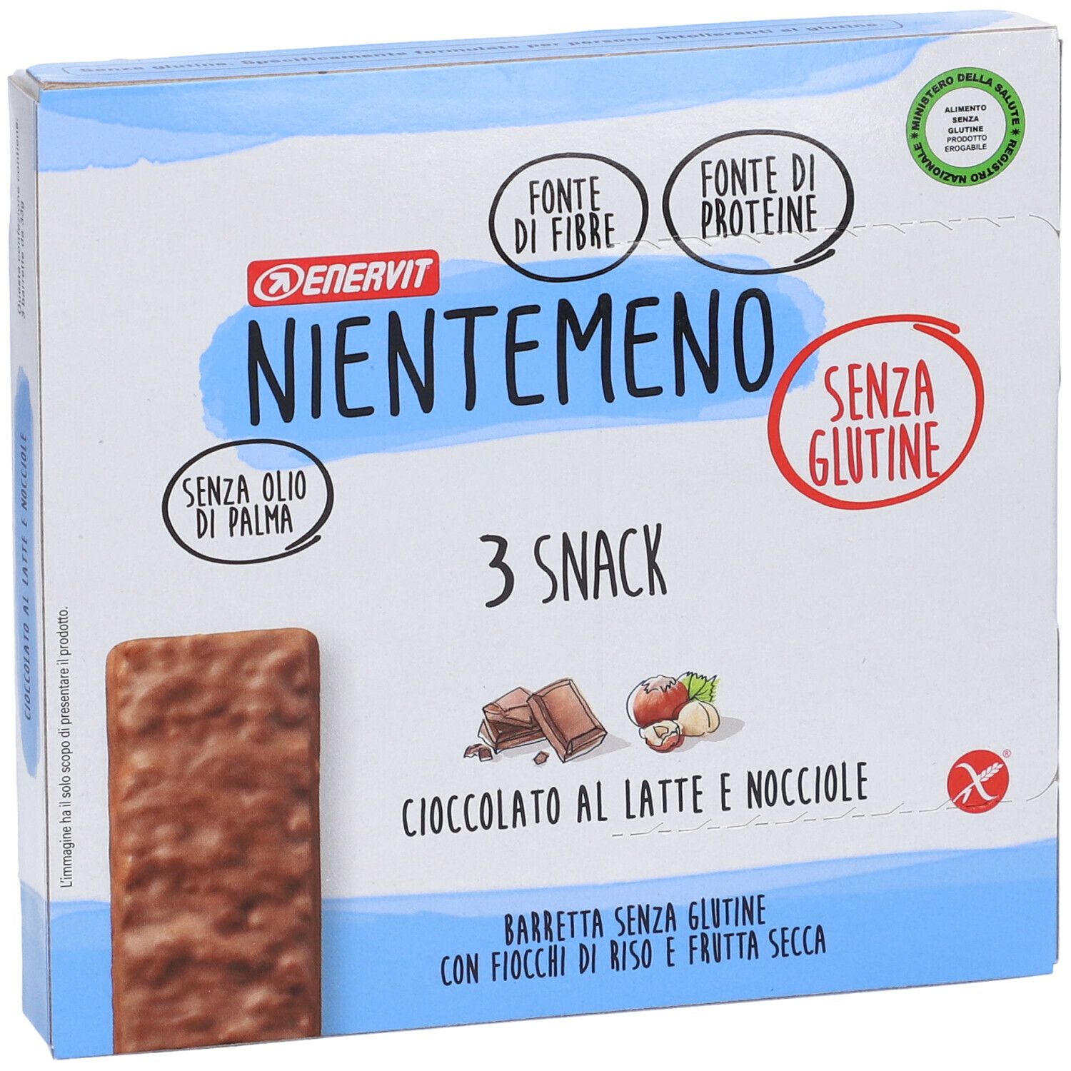 Confezione da 3 snack ENERVIT® Nientemeno. Scatola blu e bianca. Senza glutine, proteine, fibre, senza olio di palma. Gusto cioccolato-nocciola.