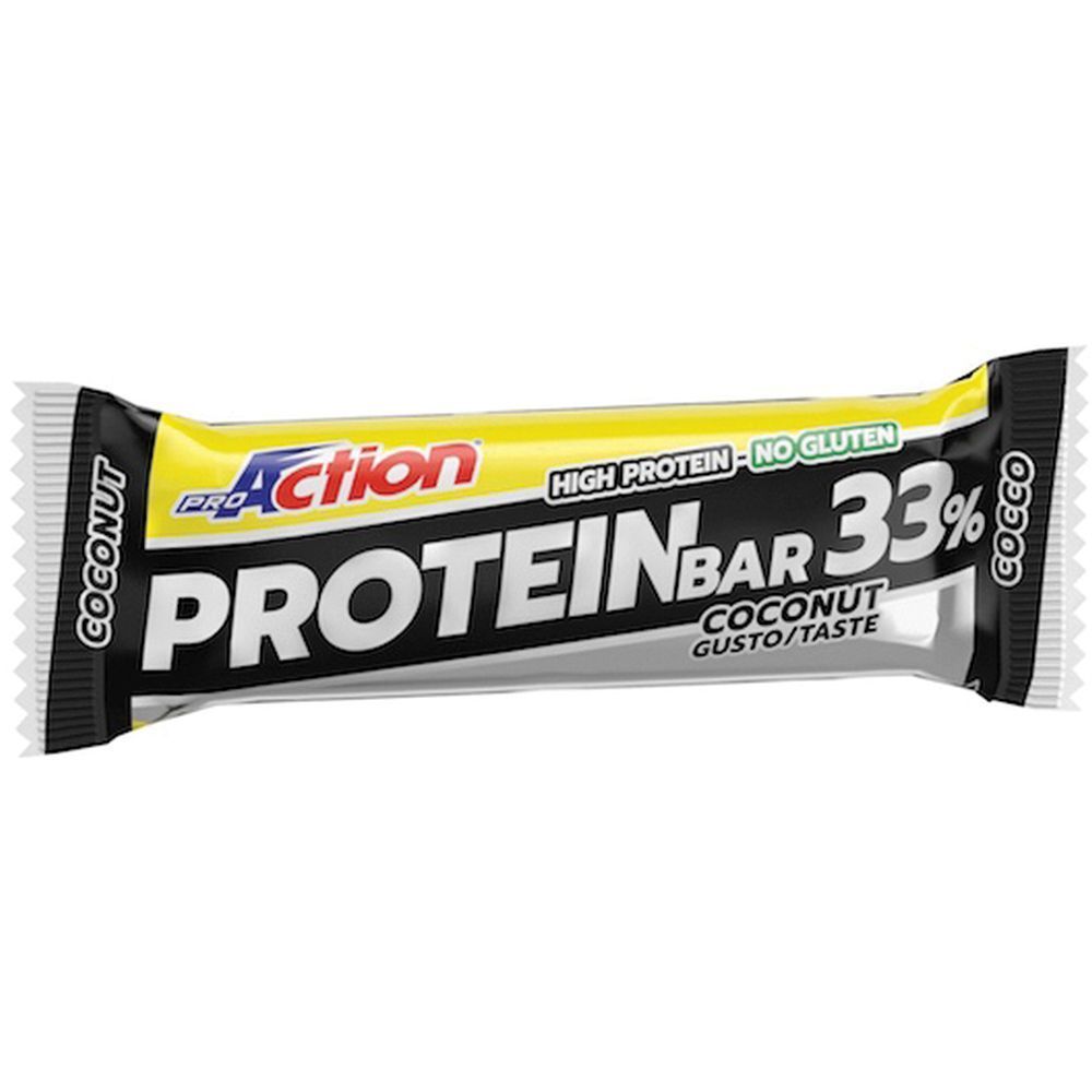 Barretta proteica al cocco. Confezione con scritta "ProAction Protein Bar 33% Cocco".
