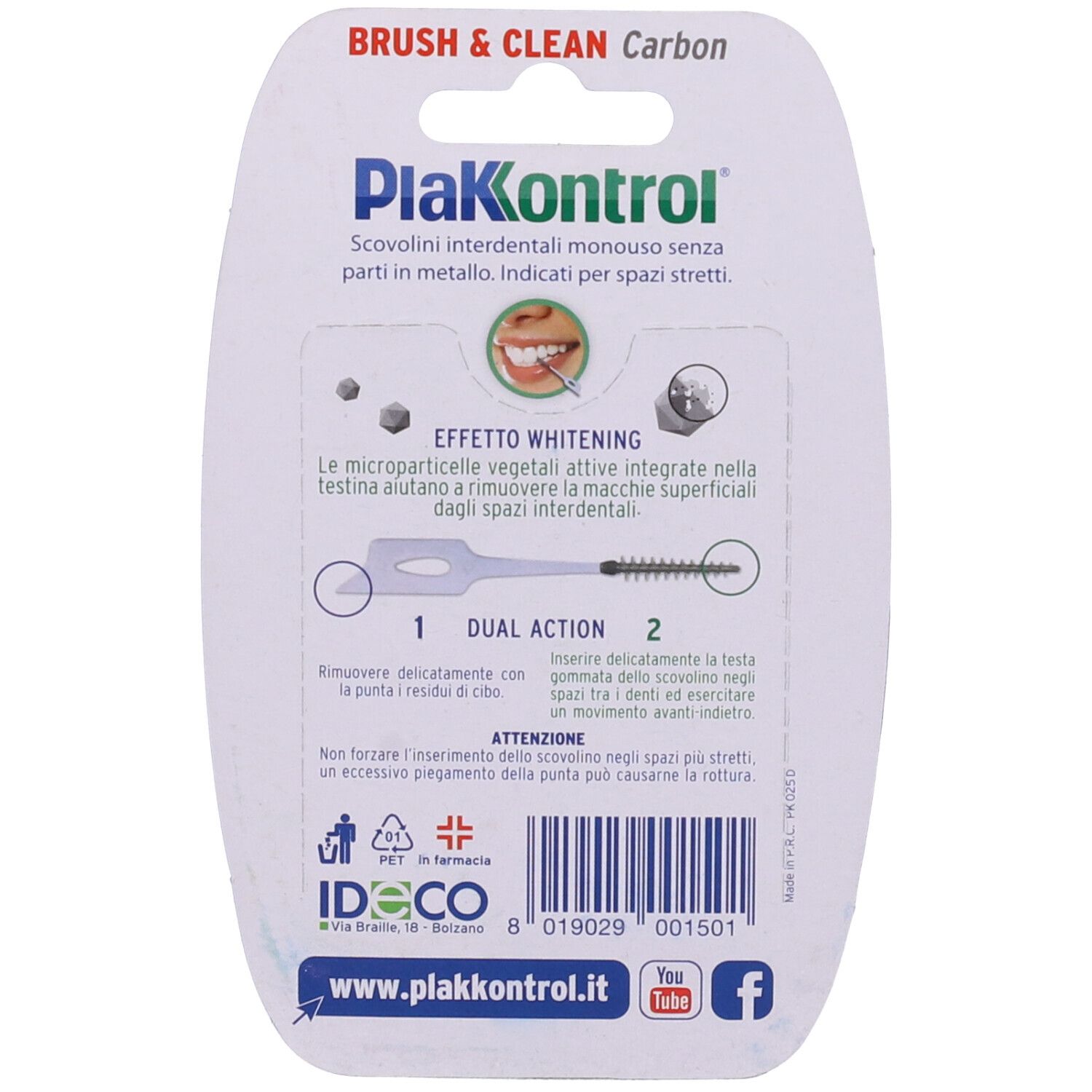 Rückseite der Verpackung von Plakkontrol Brush & Clean Carbon Scovolini. Produktinformationen und Illustrationen.
