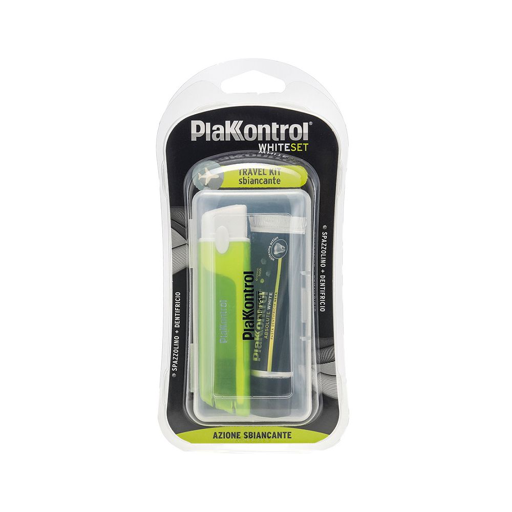 Set da viaggio Plakontrol White Set in confezione blister. Include spazzolino, dentifricio e custodia. Design verde e bianco.