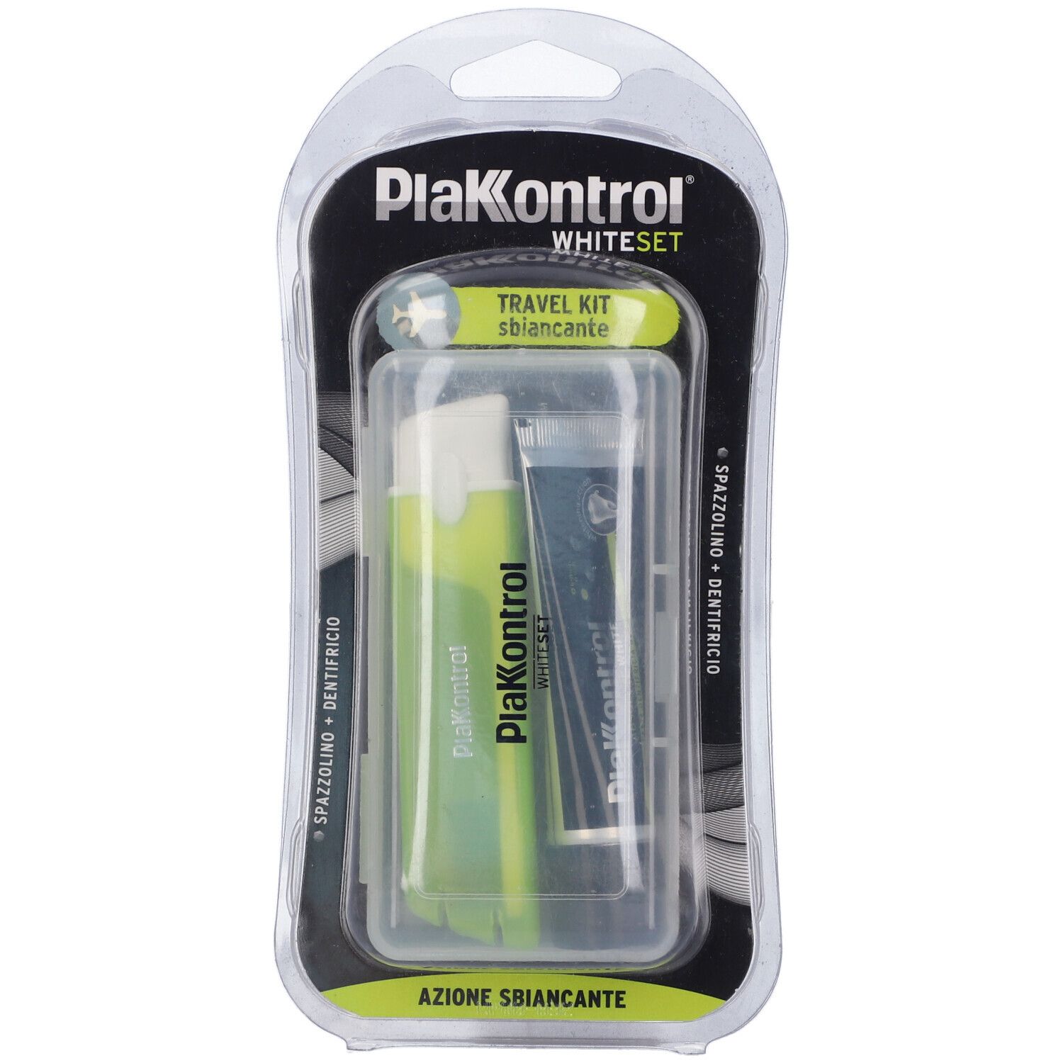 Kit da viaggio Plakontrol White Set in blister. Include spazzolino, dentifricio e custodia. Design verde e bianco.